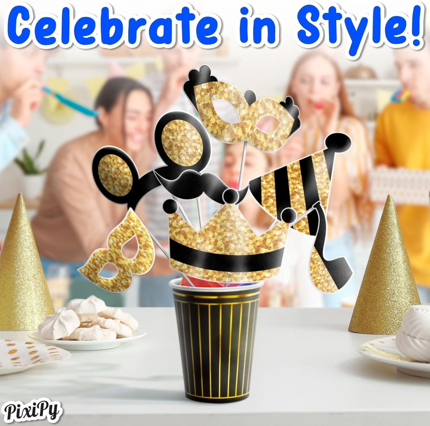 Photo Booth Props Kit, 16 Pcs Black & Gold Party Accessories by PixiPy