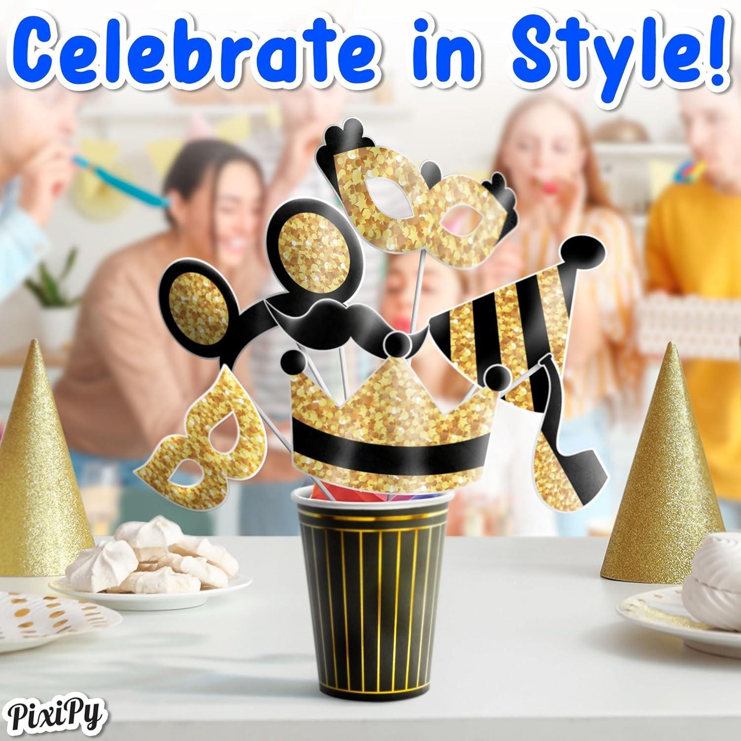 Photo Booth Props Kit, 16 Pcs Black & Gold Party Accessories by PixiPy