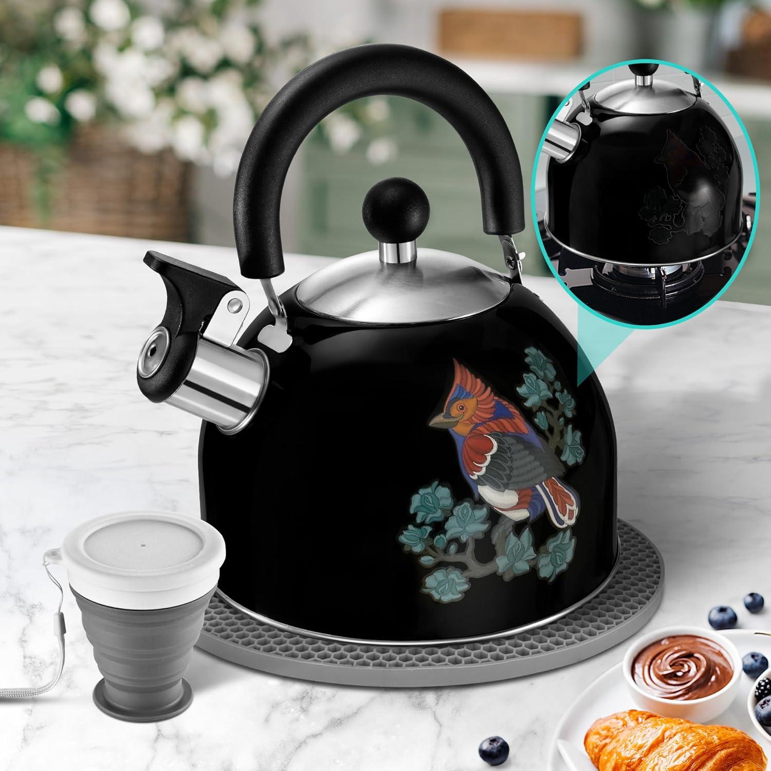 ARC Stainless Steel  2QT Whistling Tea Kettle - Black - Magic Color Changing Design Tea Pot - Ergonomic Handle Stovetop Whistle Kettle - Free Folding Cup and Trivet Mat Included