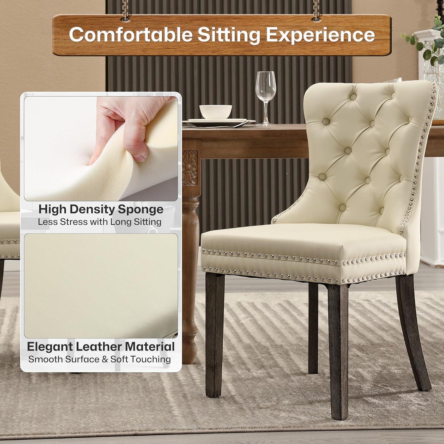 BELLEZE Upholstered Dining Chairs Set of 2, Velvet Luxury Dining Room Chairs with Button Back, Nailhead Trim, Pull-ring, Solid Wood Legs for Kitchen, Living Room, Restaurant - Chandler (Beige)