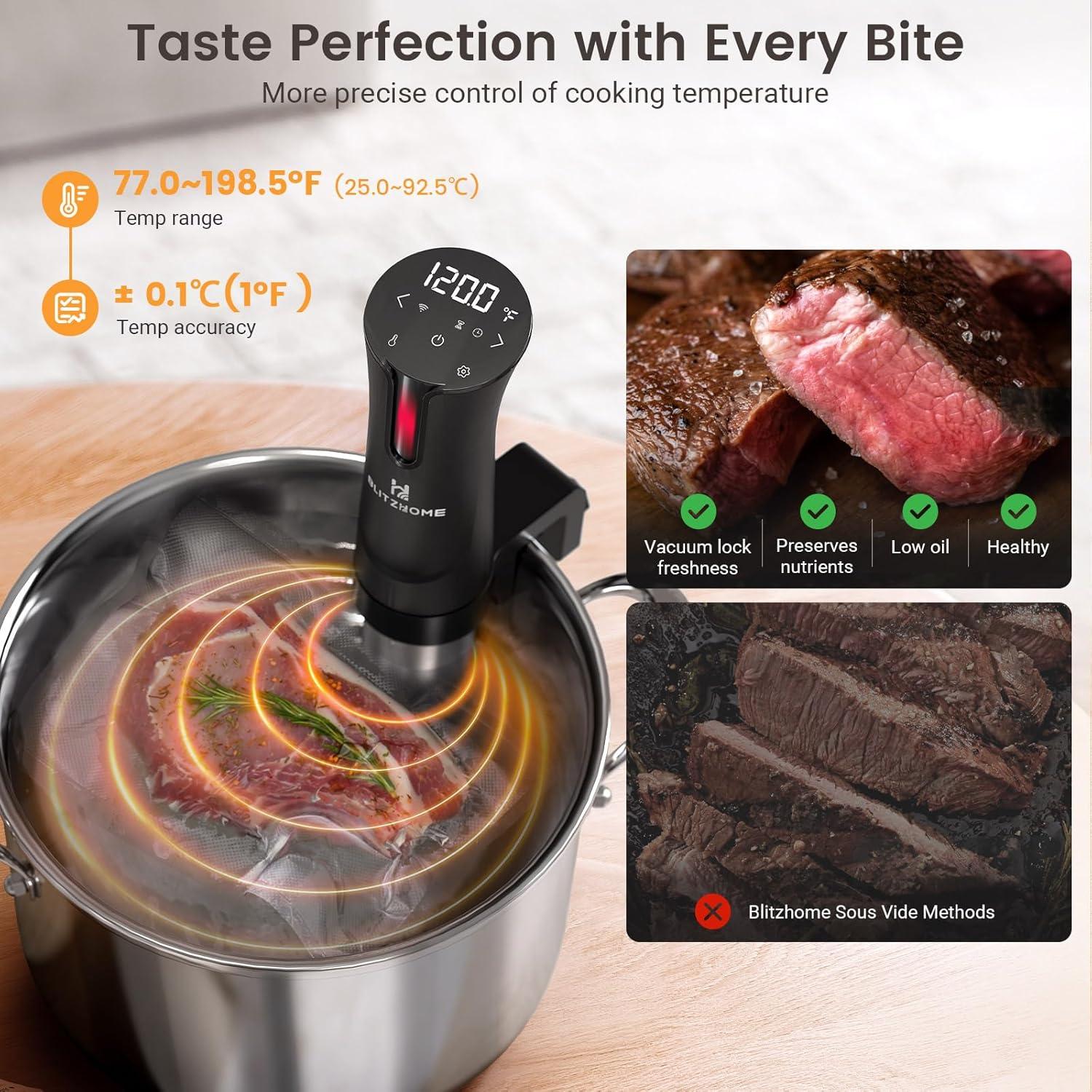 BlitzHome 1100W Sous Vide Cooker with Temperature Setting, Timer, Breath Light Reminder Function
