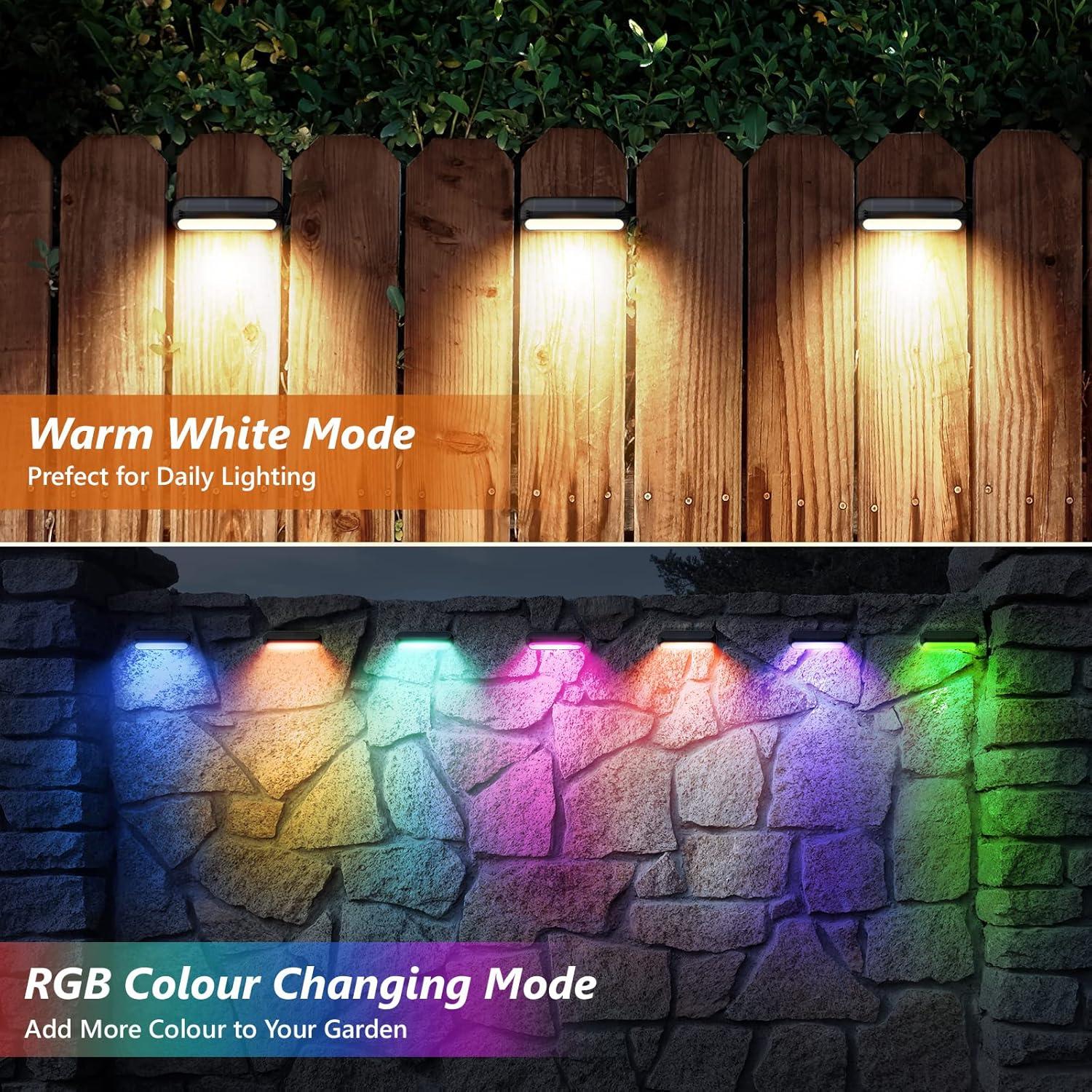 Black Solar Powered LED Deck Lights with RGB and Warm White Modes, 4 Pack