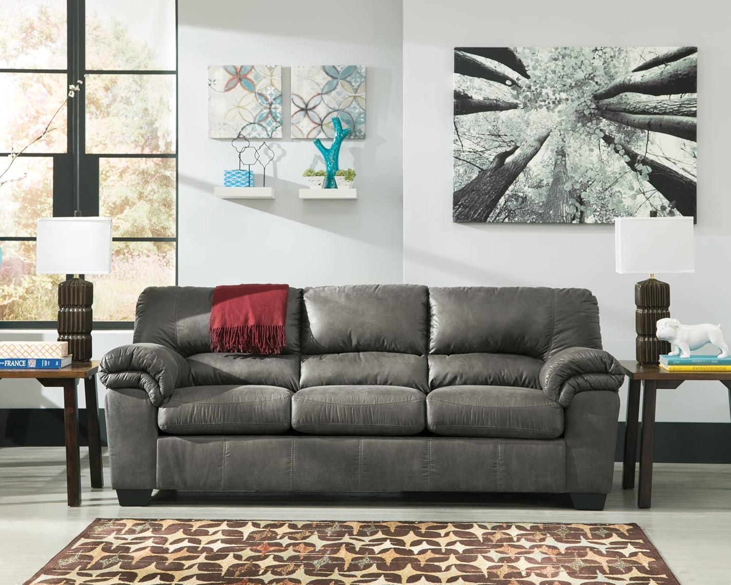 Gray Faux Leather Tufted Sofa with Removable Cushions