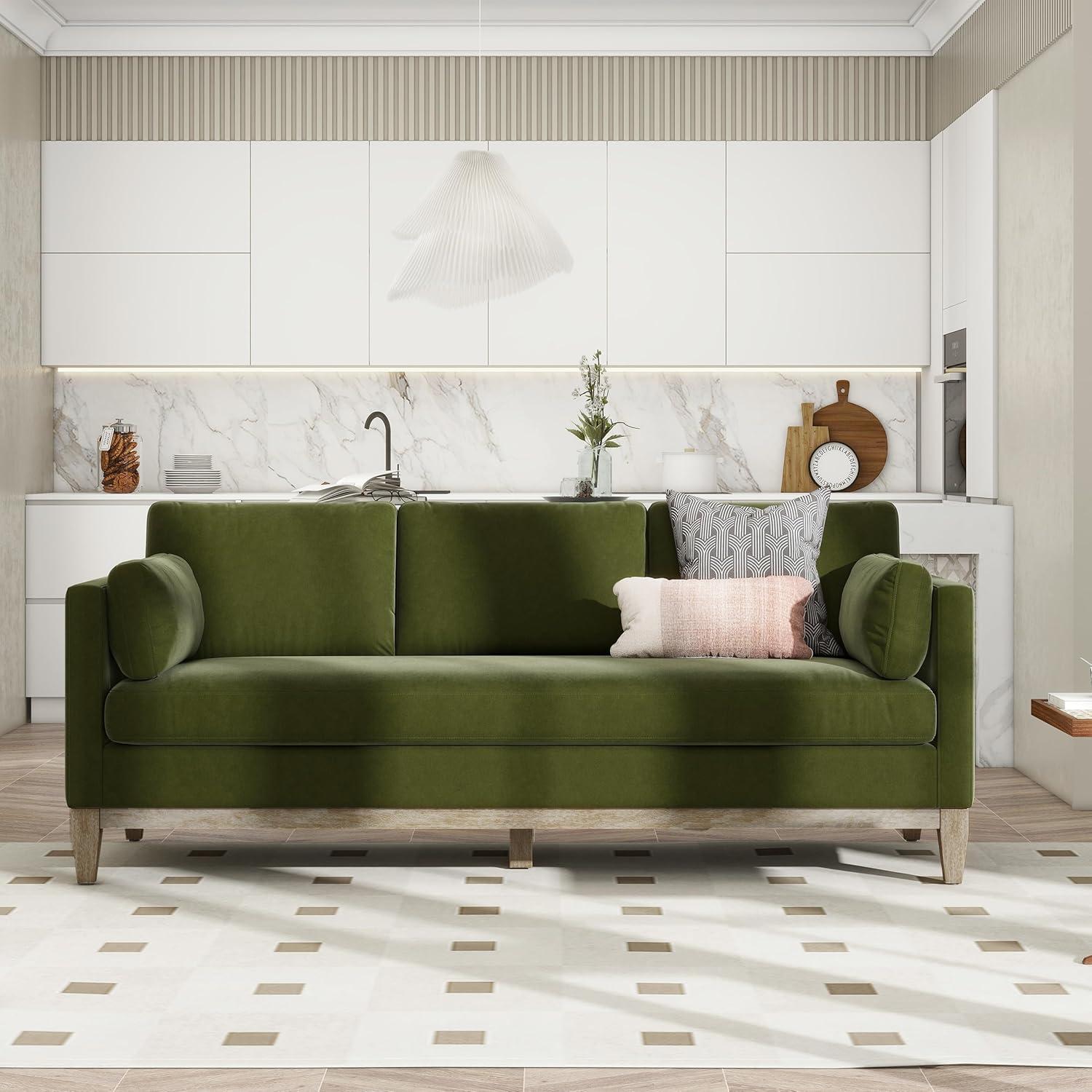 Jennifer Taylor Home Alana 88" Lawson Living Room Three-Cushion Tightback Sofa Couch with Metal Casters, Olive Green