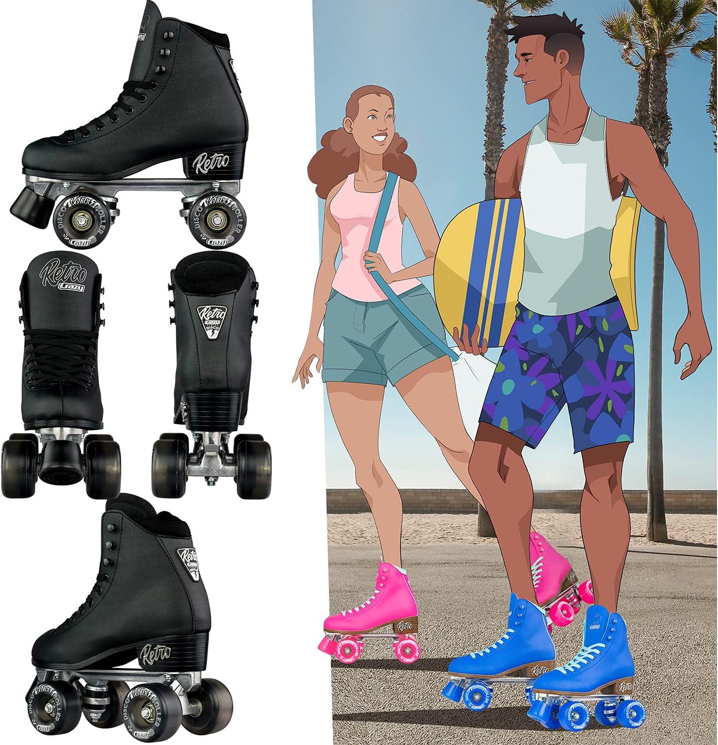Crazy Skates Black Retro Roller Skates - Classic Style Quad Skates For Women And Girls - 6