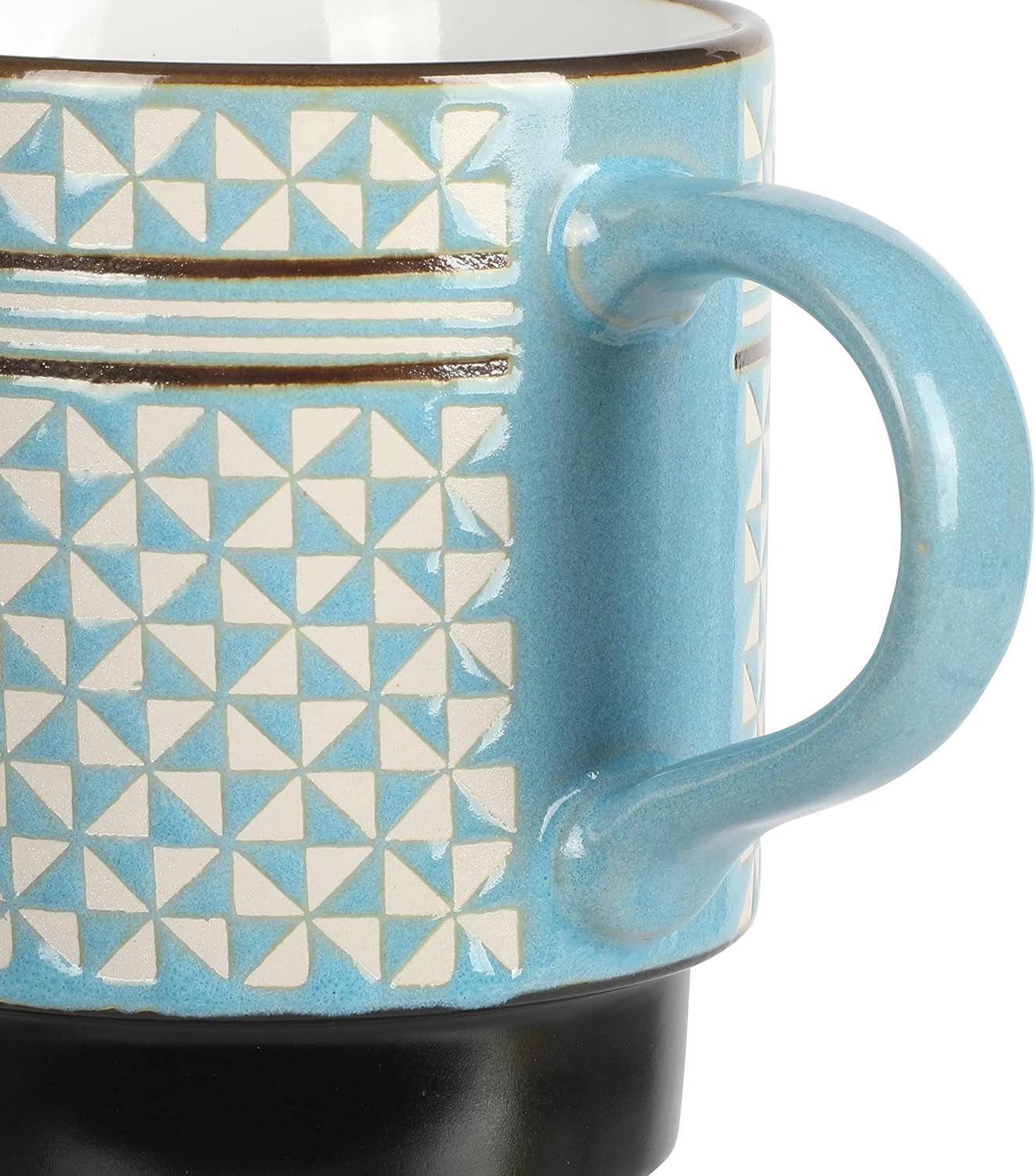 Mr. Coffee Primevalley 4 Piece 14 Ounce Stackable Assorted Wax Relief Triangle Design Mug Set