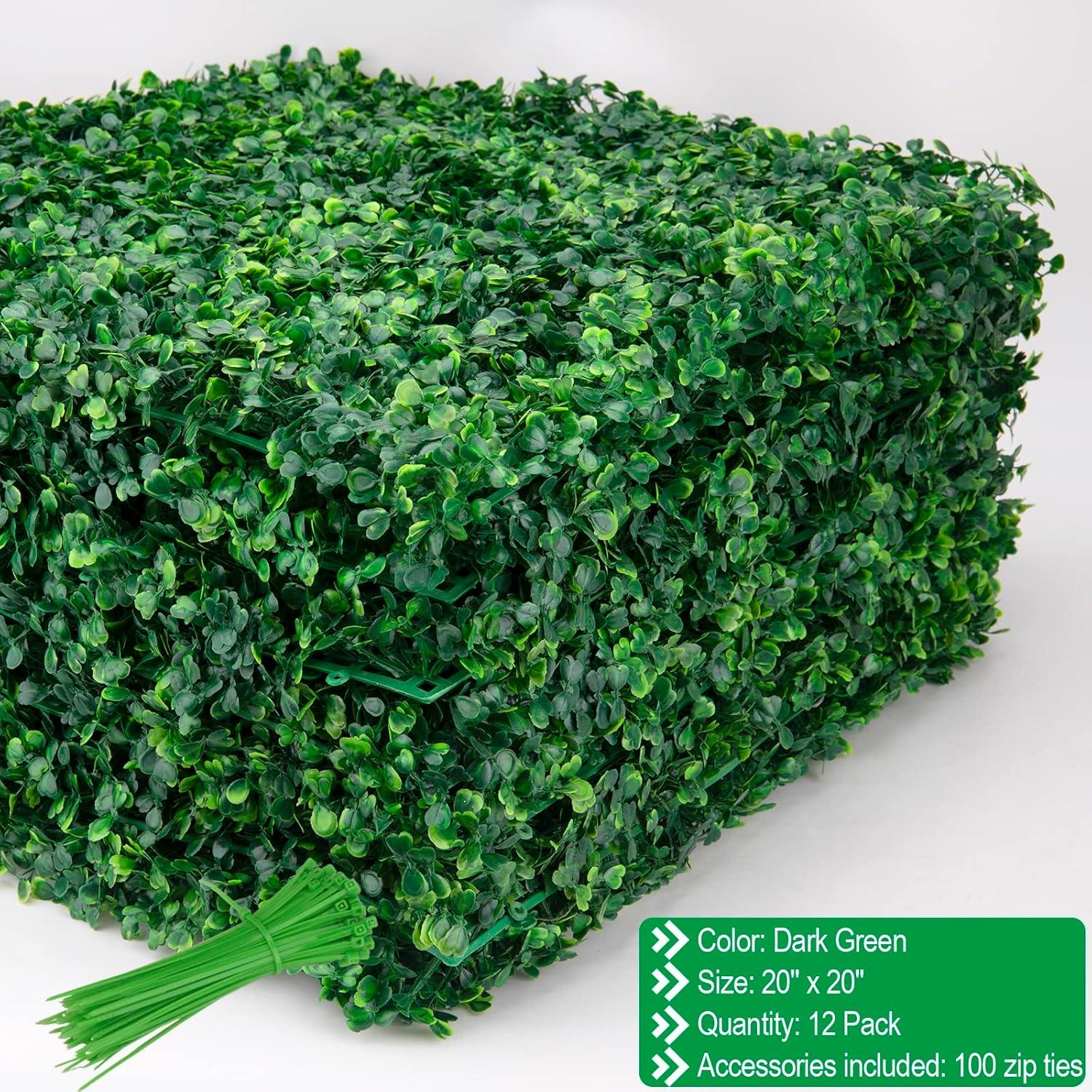 Grass Wall Panel 20'x20', 12Packs Artificial Greenery Wall Backdrop Faux Fence Privacy Screen Fake Hedge Topiary Boxwood Décor for Indoor Outdoor, Dark Green