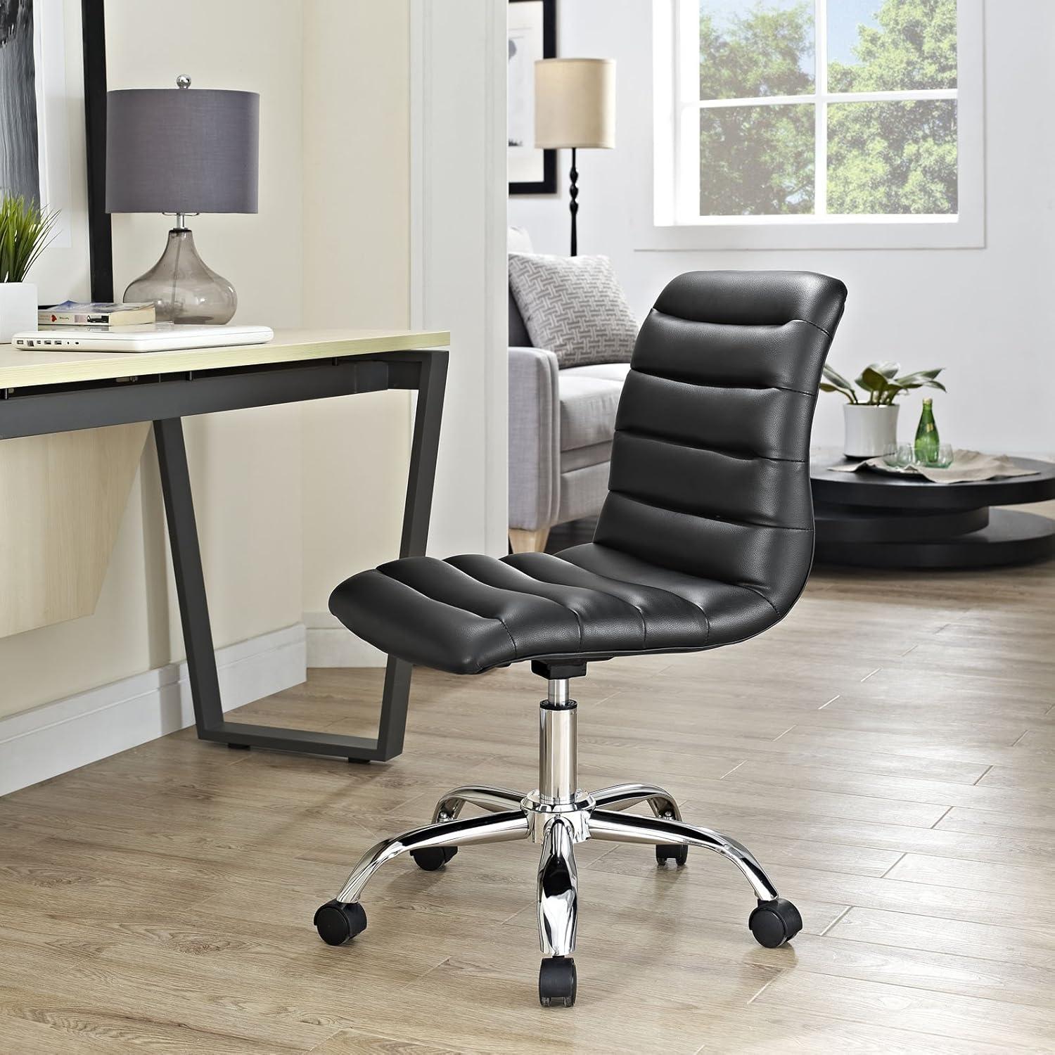 Polished Chrome Swivel Armless Office Chair in Black Vinyl