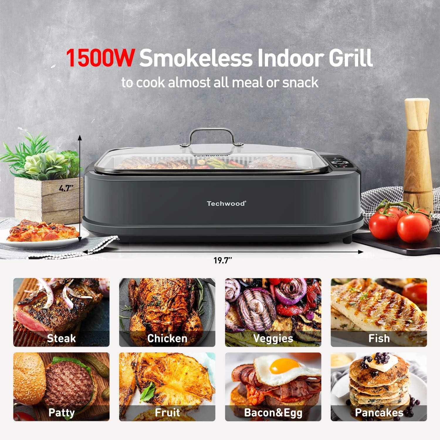 Techwood 1500W Gray Electric Indoor Smokeless Grill with Temperature Control