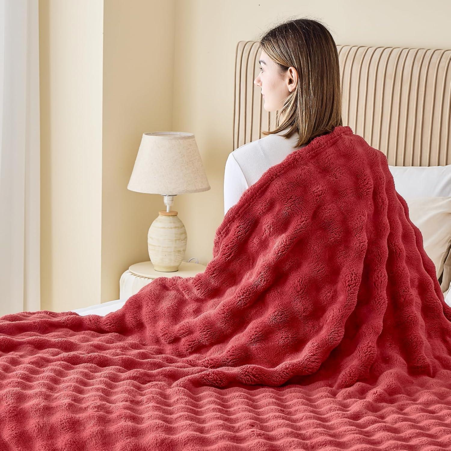 Wine Red Reversible Sherpa Fleece Throw Blanket