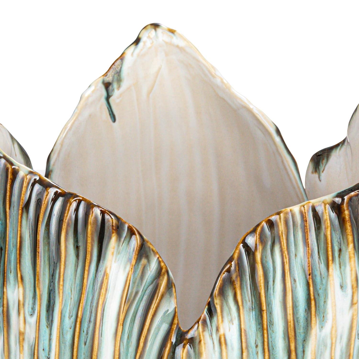 Creative Co-Op Stoneware Pleated Sculptural Vase with Reactive Glaze, Green and White