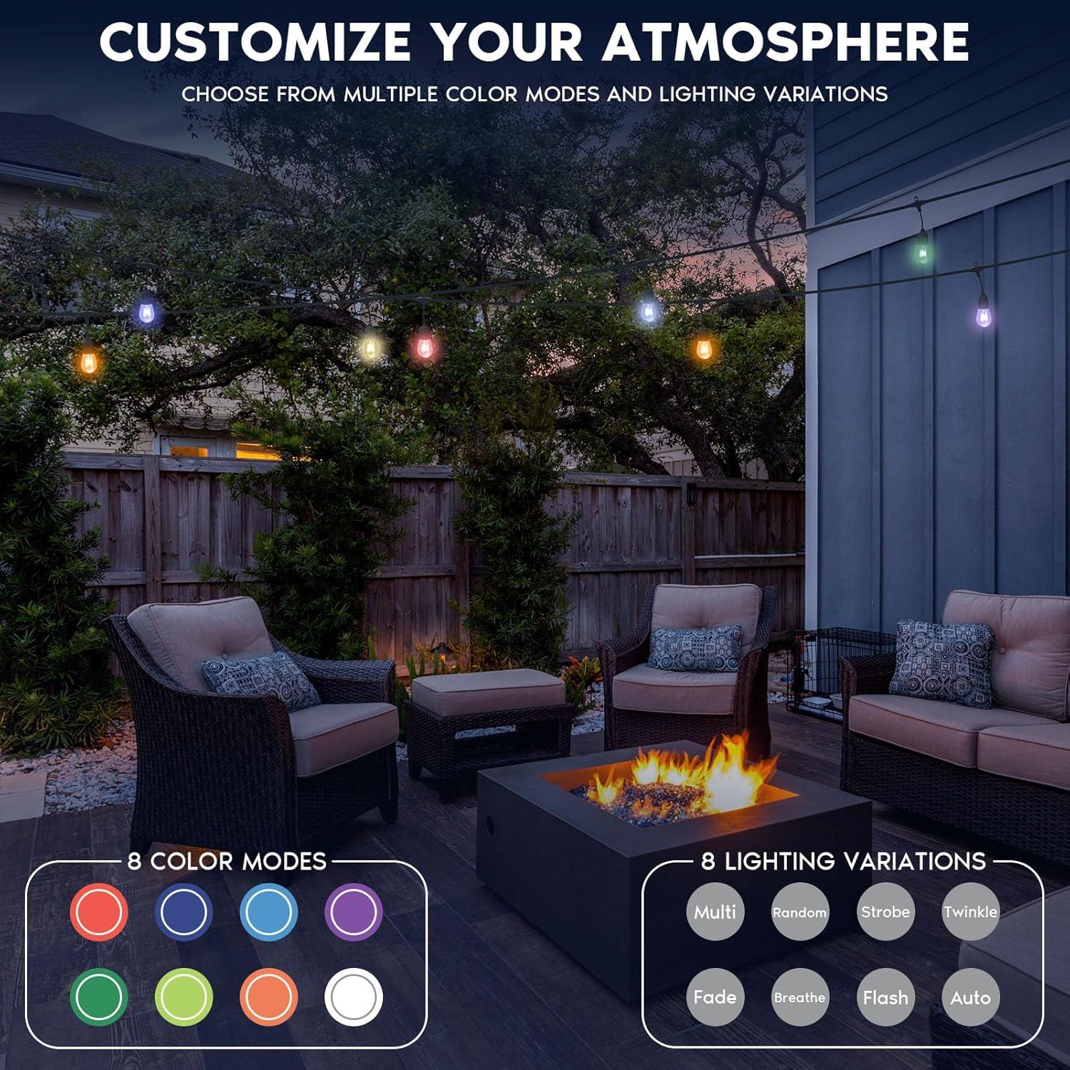 Luxrite 24FT LED RGBW Outdoor String Lights, Remote Control Color Changing Cafe Lights, Commercial Grade Waterproof, 12 Edison S14 Shatterproof Bulbs, IP65, Dimmable Outside Hanging Lights for Patio