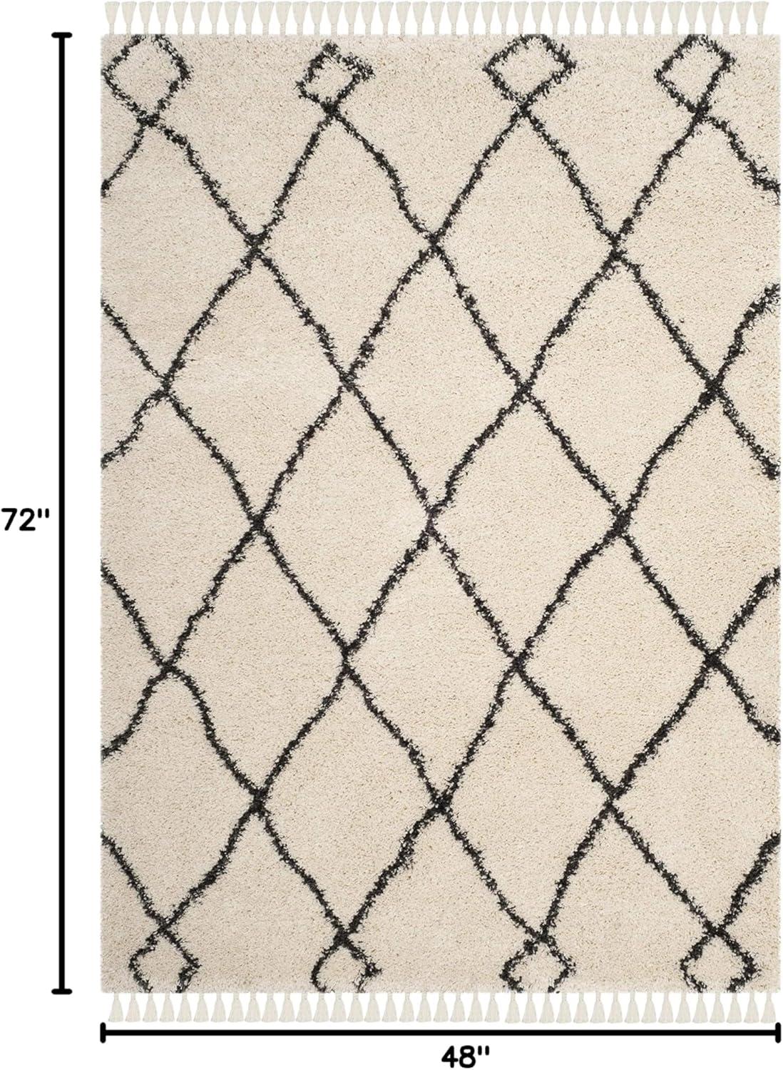 Cream and Charcoal Geometric Shag Area Rug with Fringe, 4' x 6'