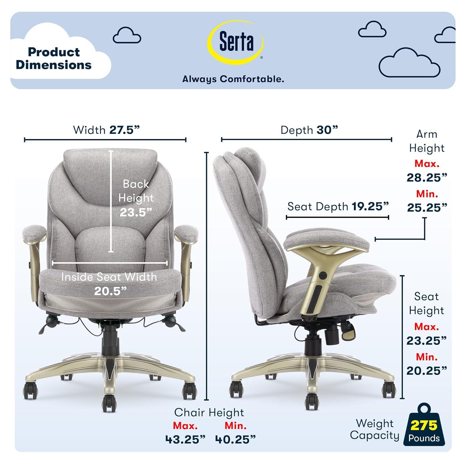 Works Executive Office Chair Light Gray : Serta, Ergonomic, Pneumatic Height Adjustment, Bonded Leather