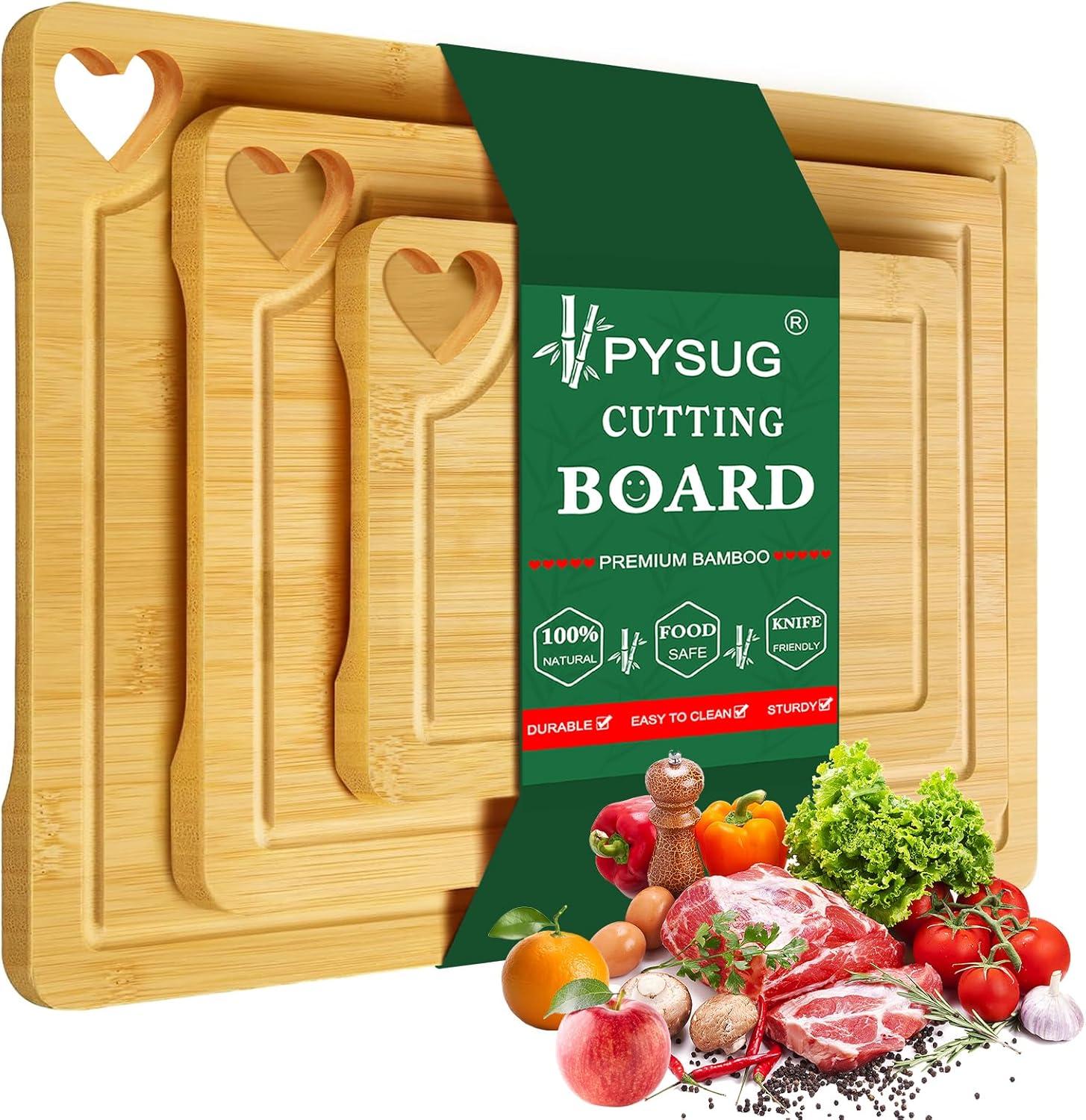 Bamboo Cutting Boards for Kitchen [Set of 3] Wood Cutting Board for Chopping Meat, Vegetables, Fruits, Cheese, Knife Friendly Serving Tray with Handles