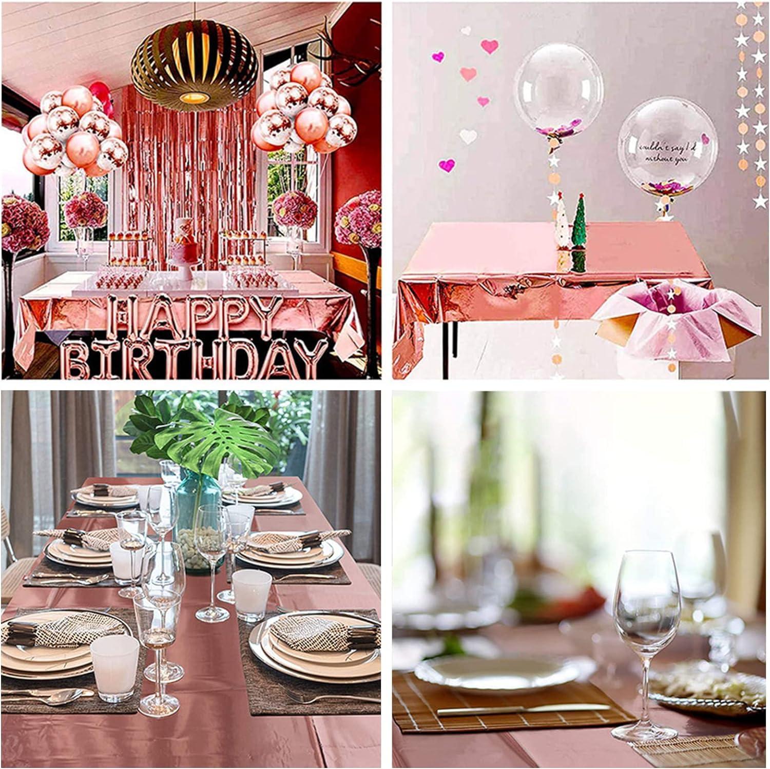 Sparkle and Bash 3 Pack Rose Gold Plastic Tablecloth, Metallic Table Cover Disposable for Pink Birthday Parties, Bridal Shower Decor, 54 x 108 In