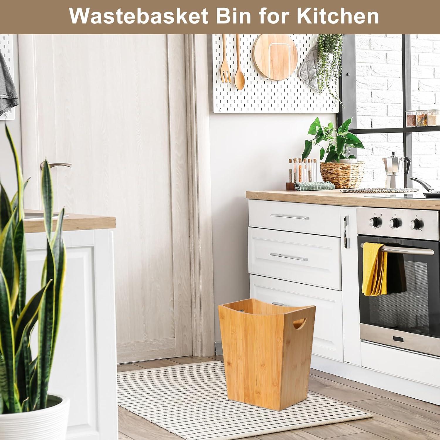 SEHERTIWY Wood Trash Can, Farmhouse Wastebasket Bin for Bathroom, Office, Bedroom, Living Room, Small Square Rustic Garbage Container (Wood-Black)
