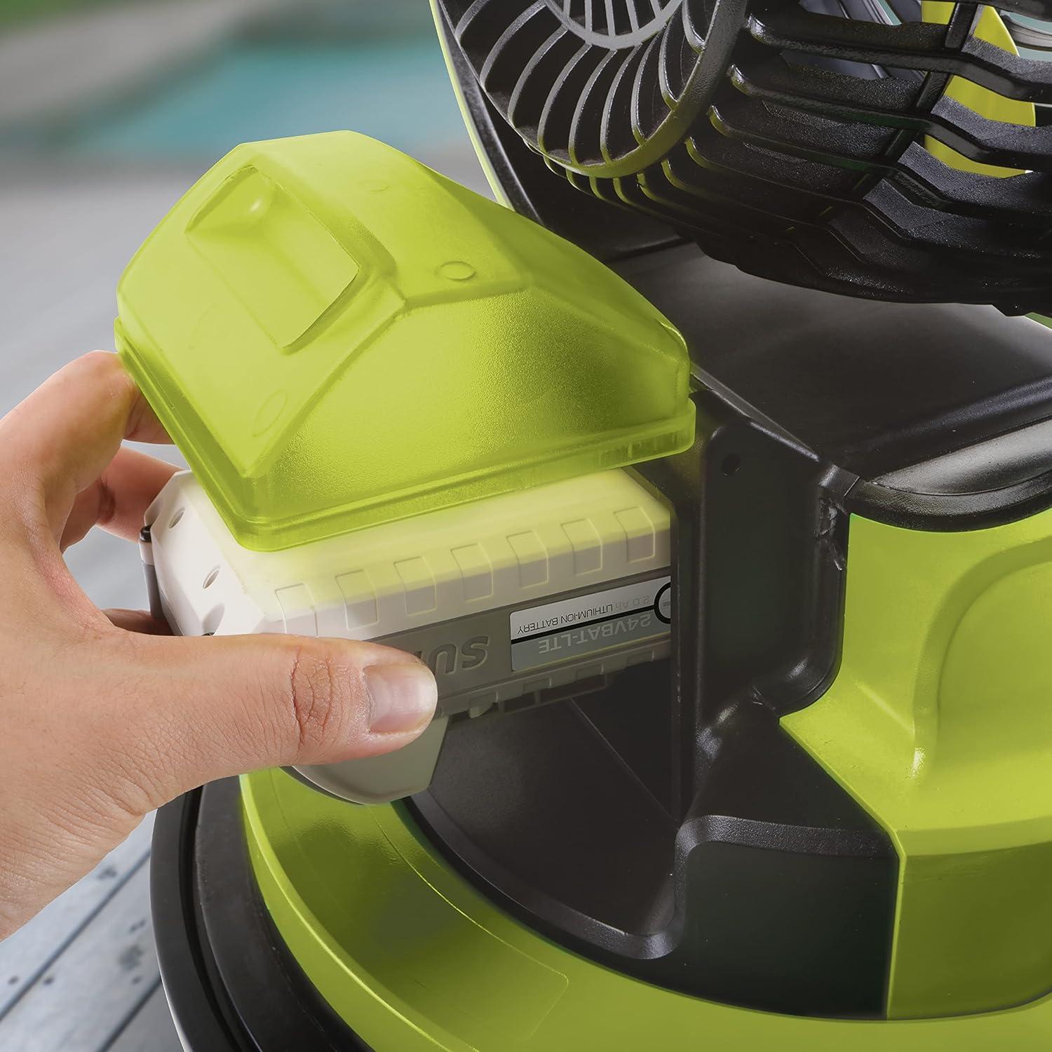 Sun Joe 24 Volt IONMAX Cordless Misting Fan Kit, Indoor or Outdoor, with 6 Gallon Portable Bucket, 60 Square Foot Coverage, 2.0-AH Battery and