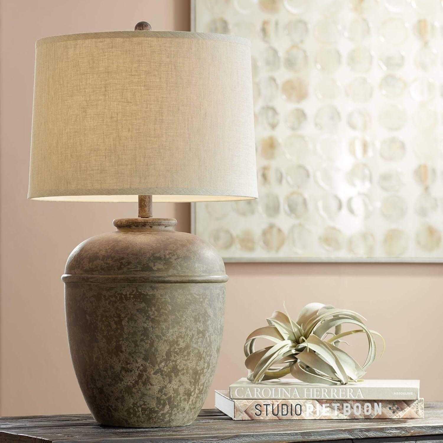 Southwest Rustic Faux Stone Table Lamp with Cream Linen Shade