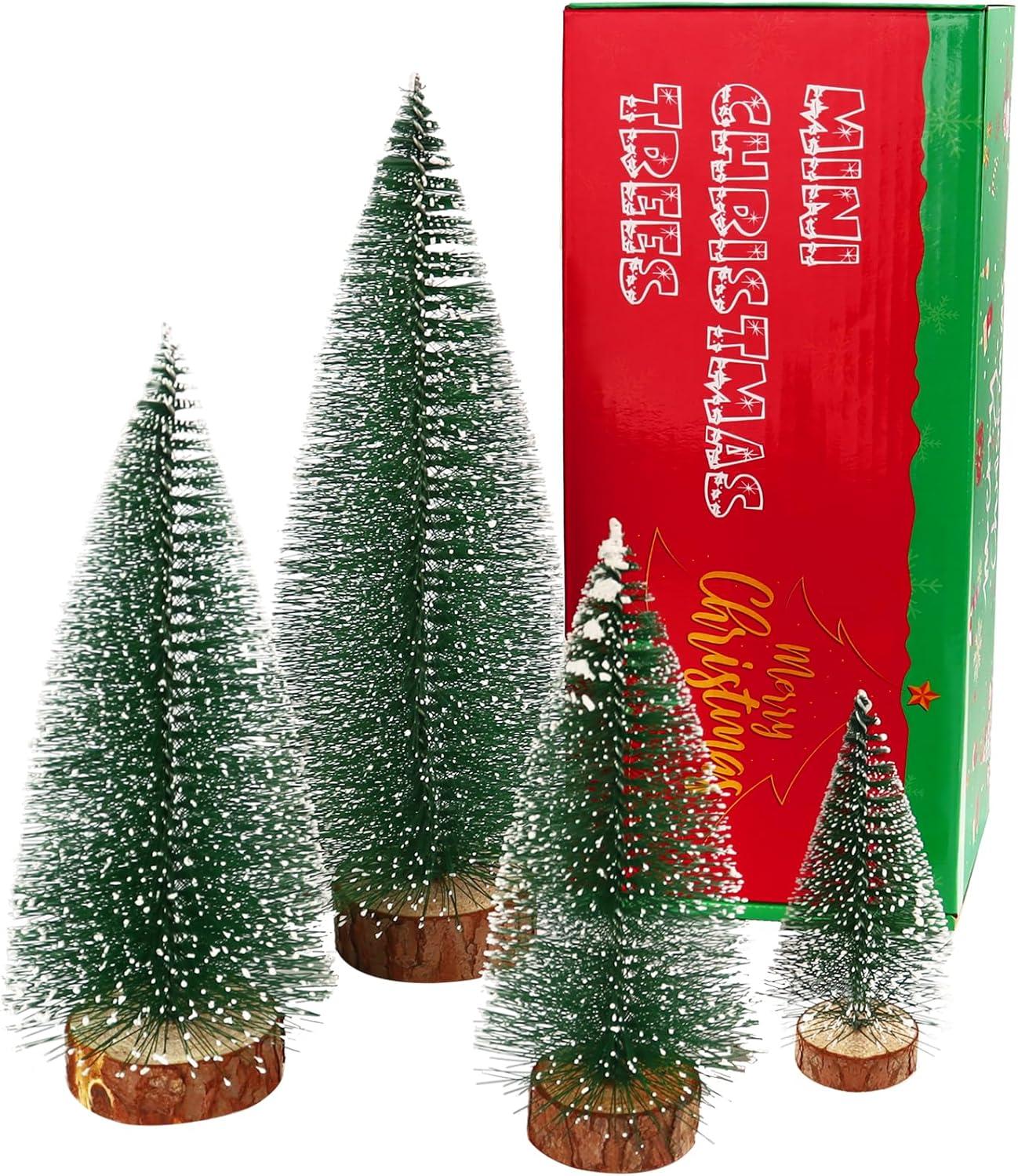 Brush Trees Decor, Small Mini  Trees for Tabletop, Decorations for Indoor Kitchen Village Table Centerpieces, Mini Green Xmas Flocked Frosted Sisal Tree