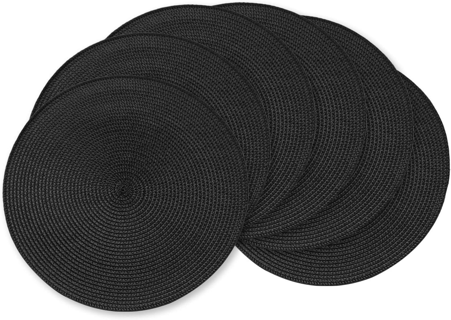 Rome Woven Braided Stitch Edge Table Placemats 15 Inches Round Set of 6 Non-Slip Dining & Kitchen Table Mats Black