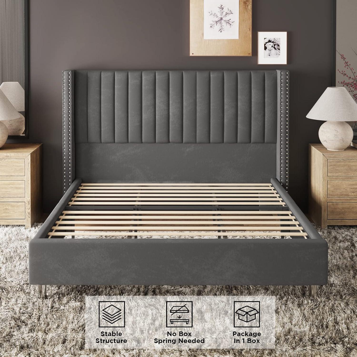 King Dark Gray Velvet Tufted Upholstered Platform Bed with Nailhead Trim