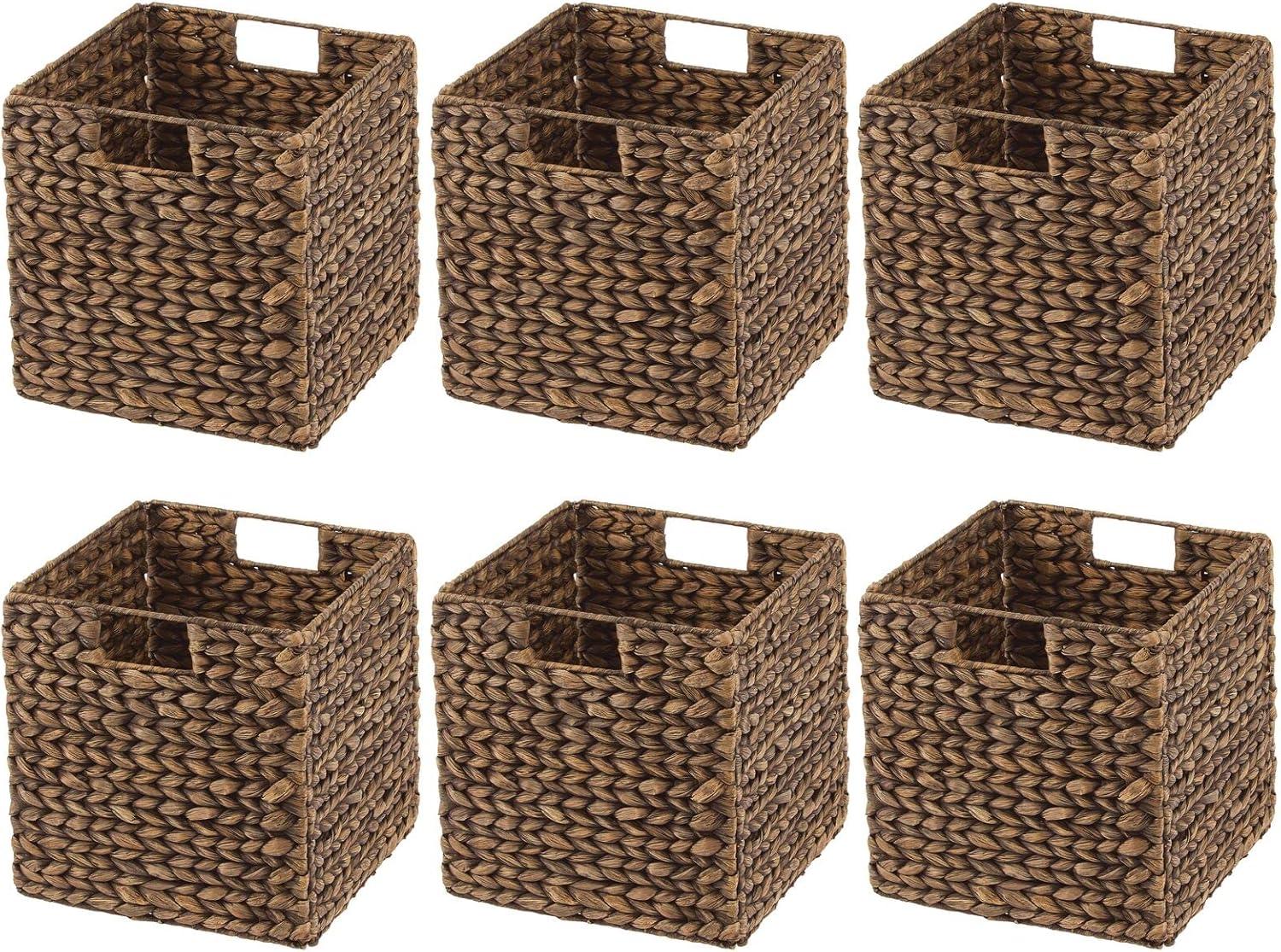 mDesign Hyacinth Woven Cube Bin Basket Organizer, Handles, 6 Pack, Brown Wash