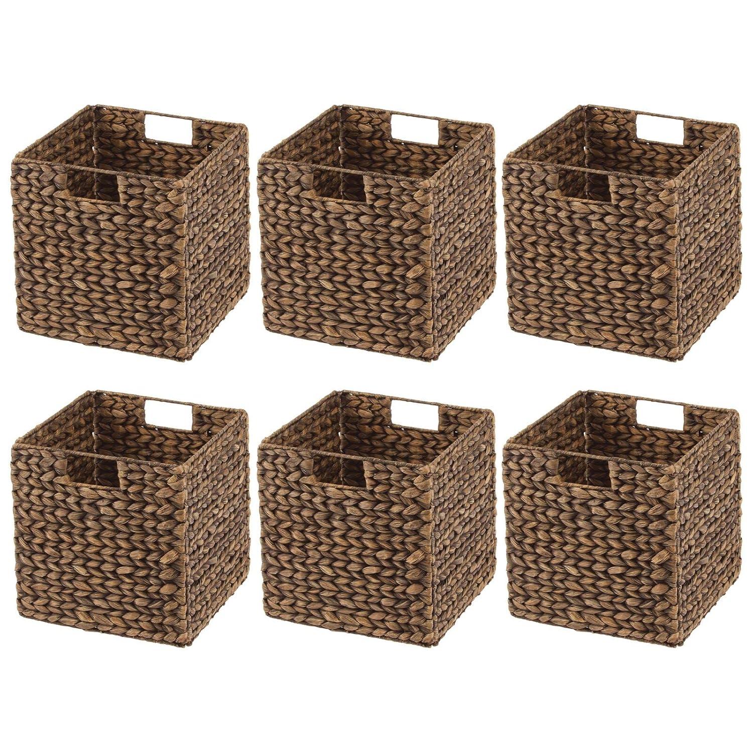 mDesign Hyacinth Woven Cube Bin Basket Organizer, Handles, 6 Pack, Brown Wash