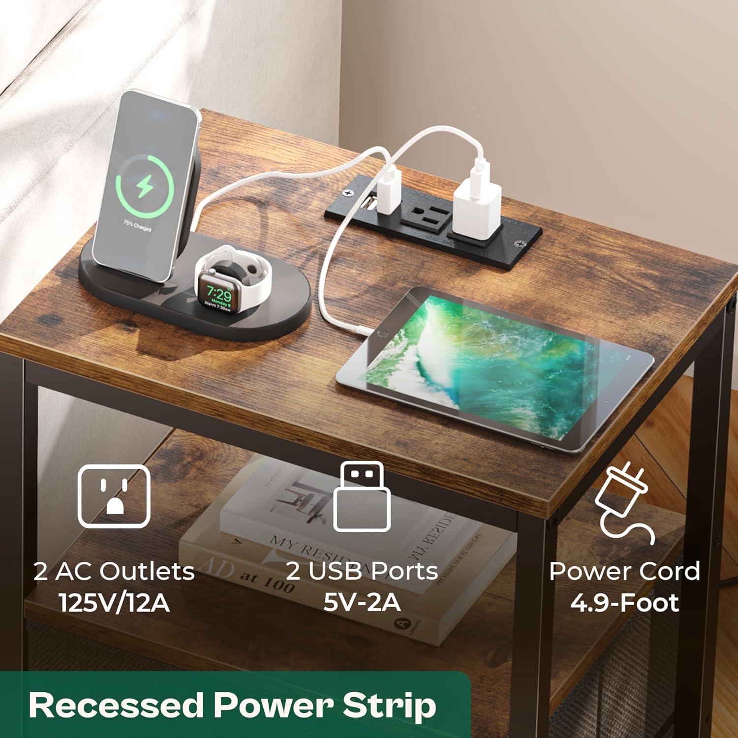 Rustic Brown and Black 2-Drawer Nightstands with Charging Station