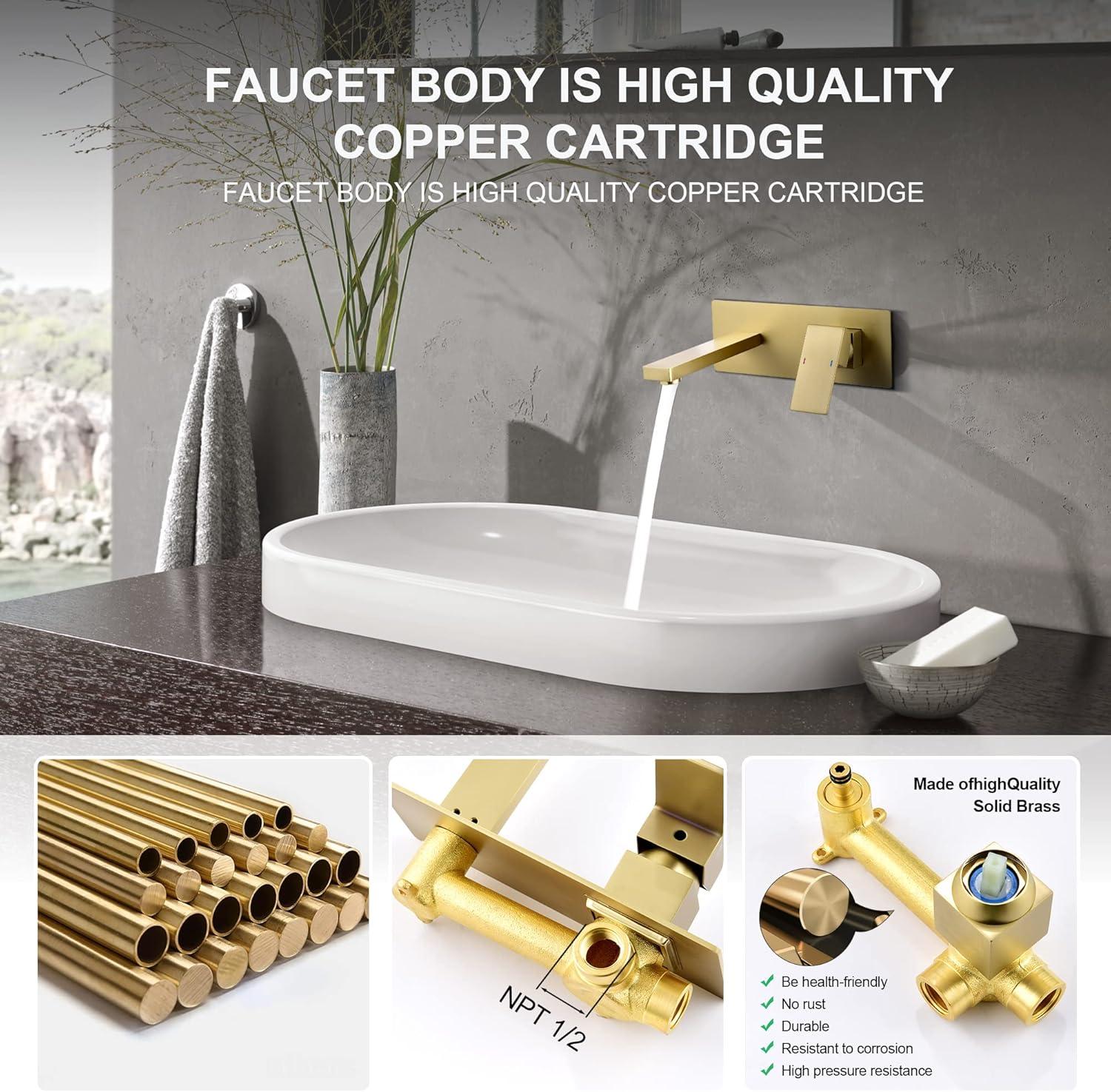 Products sumerain Wall Mount Bathroom Sink Faucet Brushed Gold and Rough in Valve Included, Left-Handed Single Handle