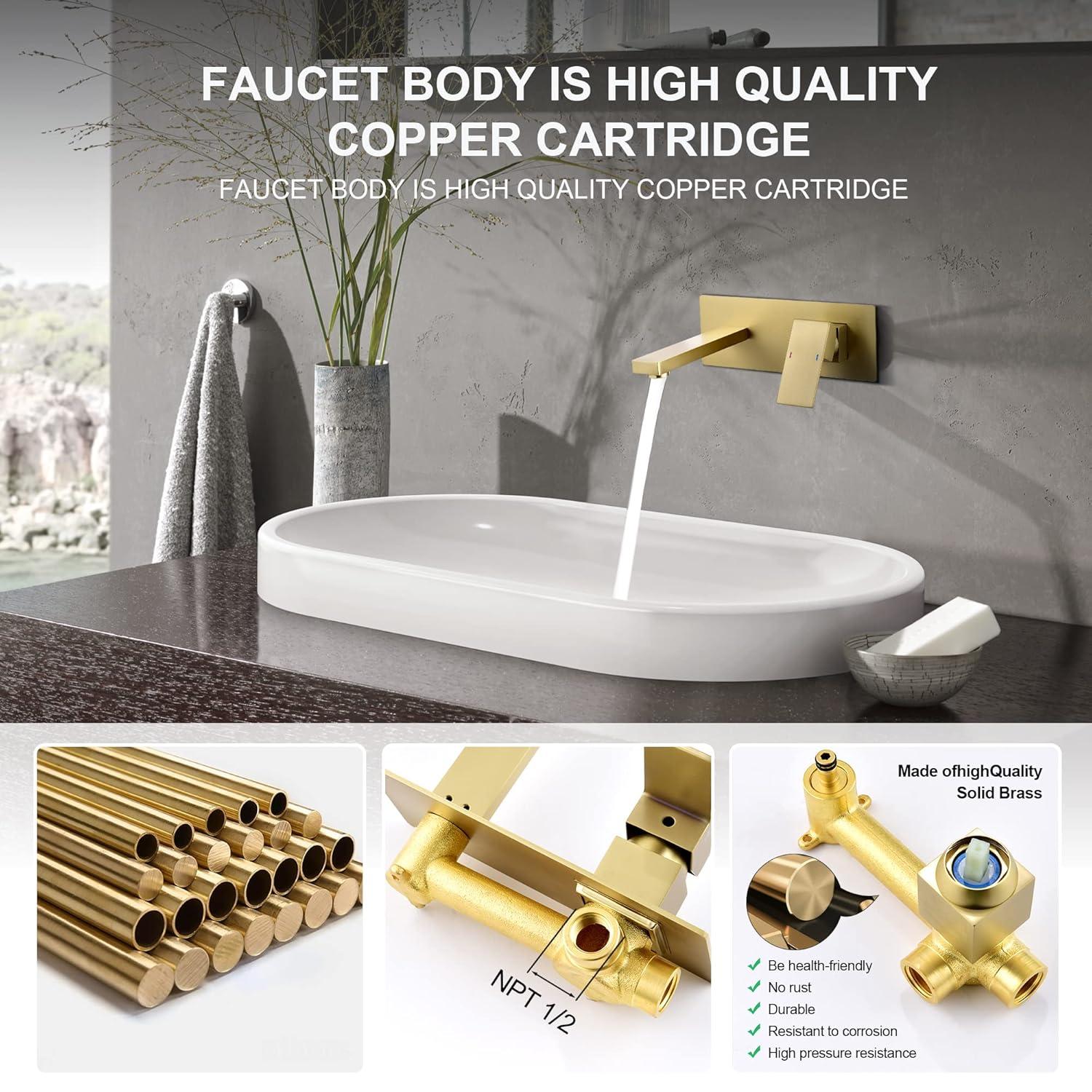 Products sumerain Wall Mount Bathroom Sink Faucet Brushed Gold and Rough in Valve Included, Left-Handed Single Handle