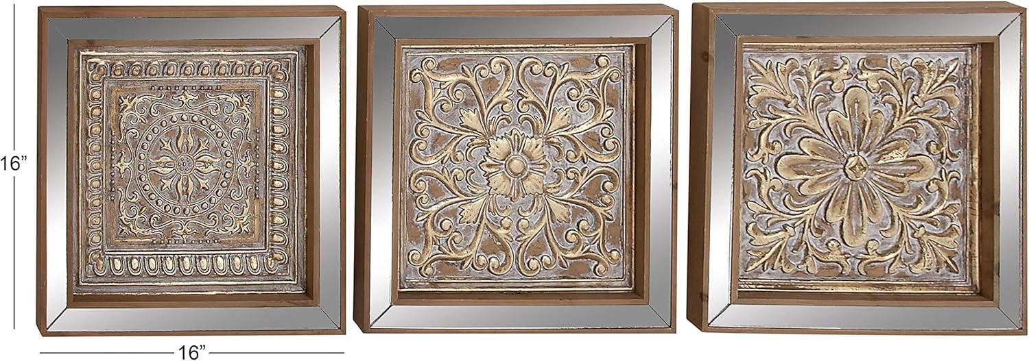 DecMode Gold Metal Embossed Floral Wall Decor with Mirrored Frames (3 Count)