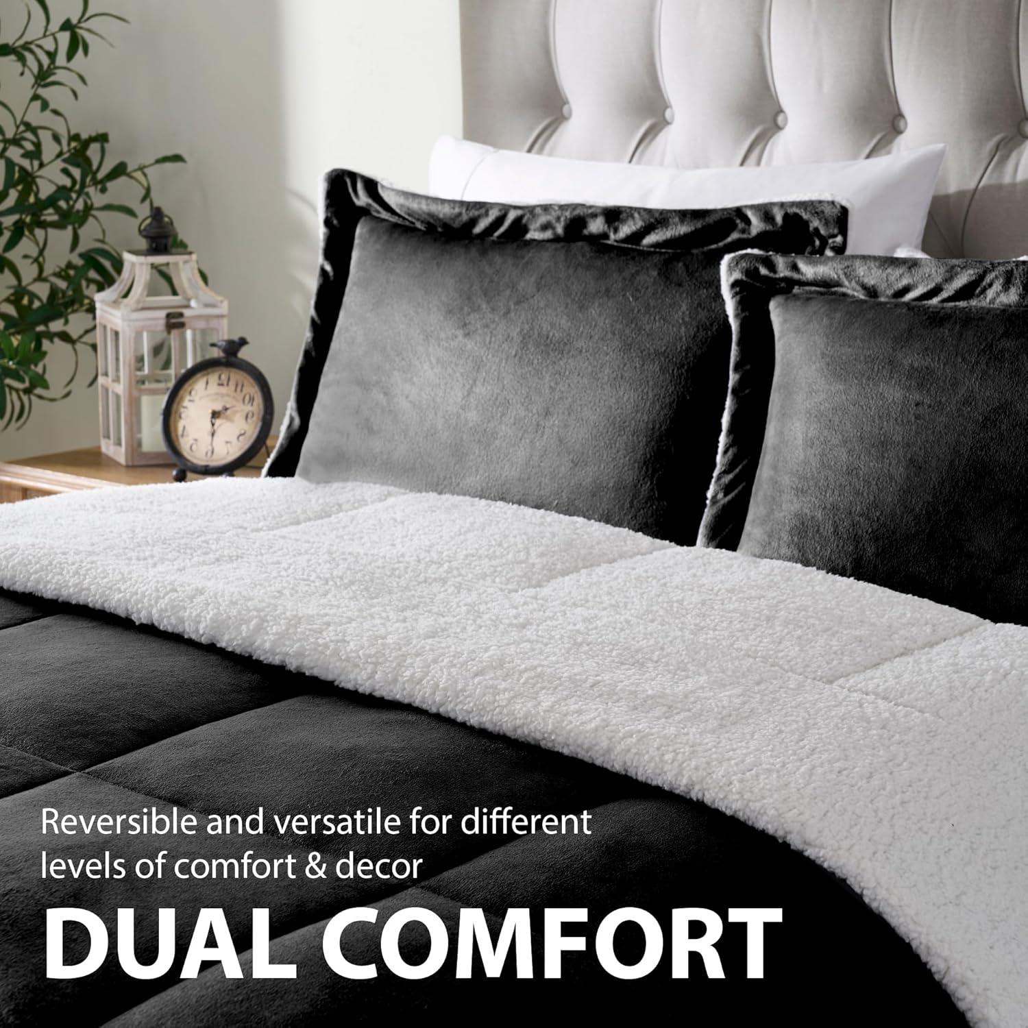 King Black Faux Fur Reversible Comforter Set