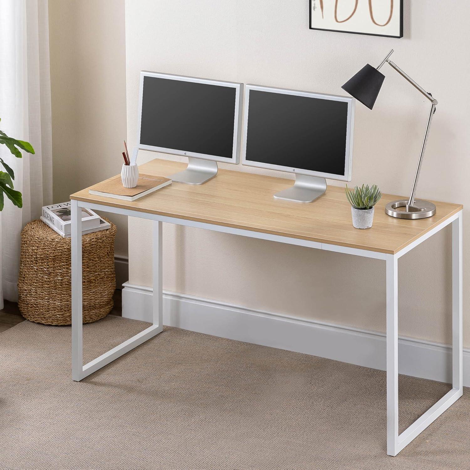 Natural Wood and White Steel Frame 55" Rectangular Desk