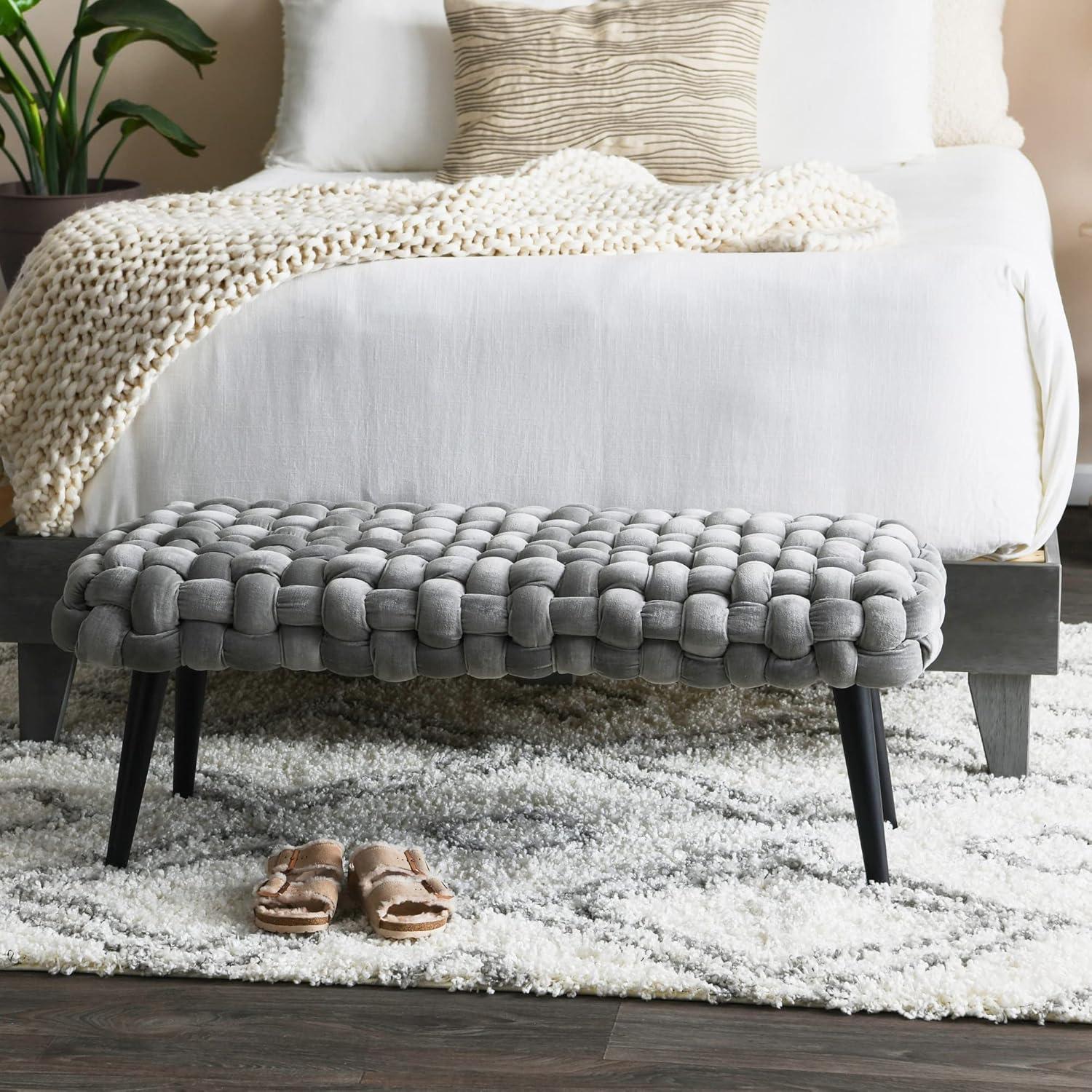 Creative Co-Op Boho Chunky Woven Velvet Entryway Bench with Wood Legs, Grey and Black