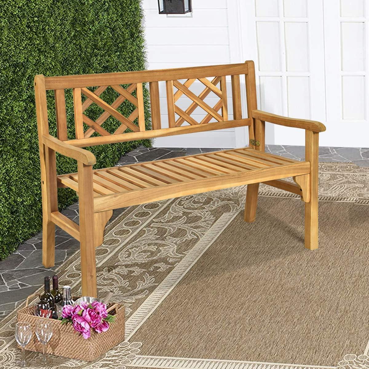 Lorelia Outdoor Bench, Patio Wooden Bench, 4 Ft Foldable Acacia Wood Garden Bench, Outside Loveseat with Curved Backrest and Armrest, 705Lbs Weight Capacity, Park Bench for Outdoors, Porch, Balcony