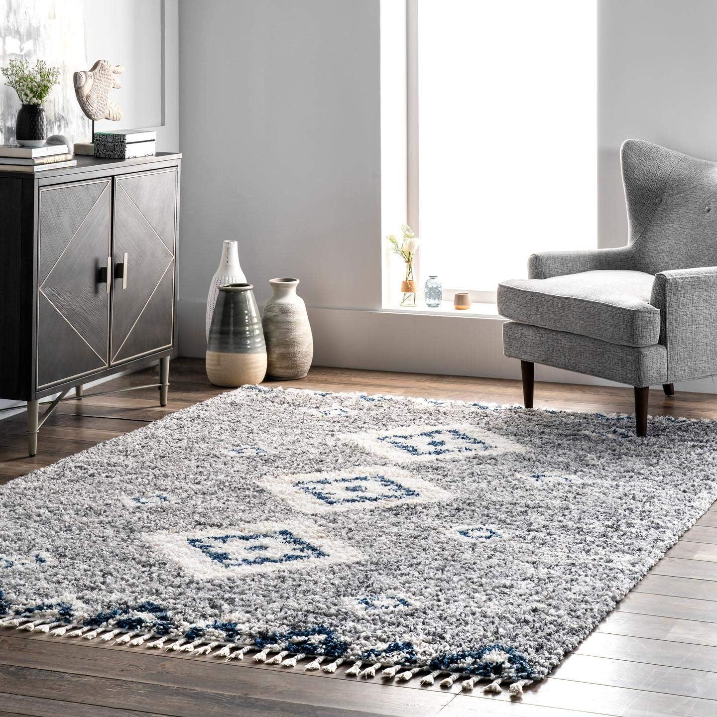 Regina Braided Tassel Edge Gray Shag Area Rug, 7' 10" x 11'