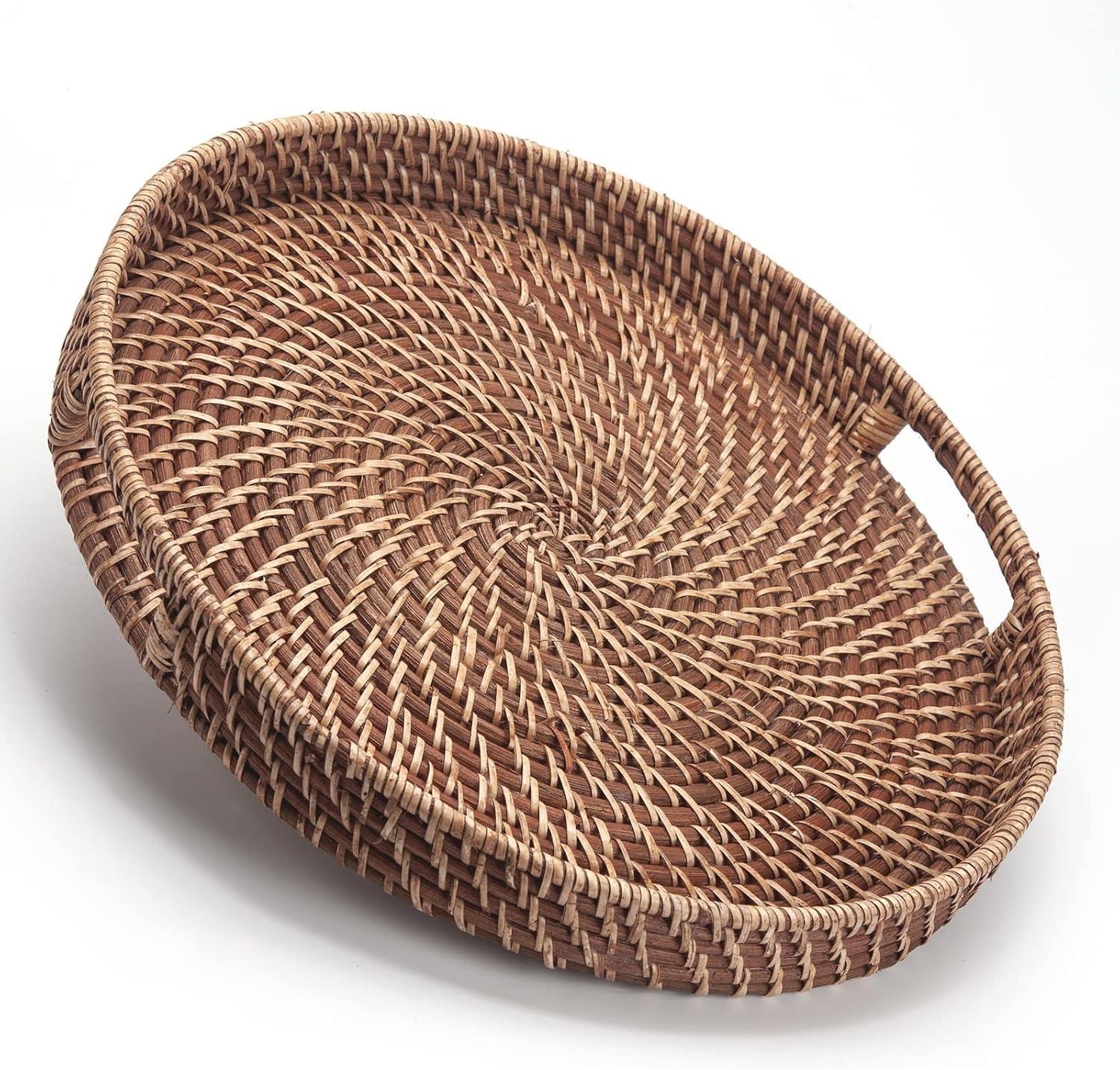 Honey Brown Round Rattan Woven Serving Tray with Handles