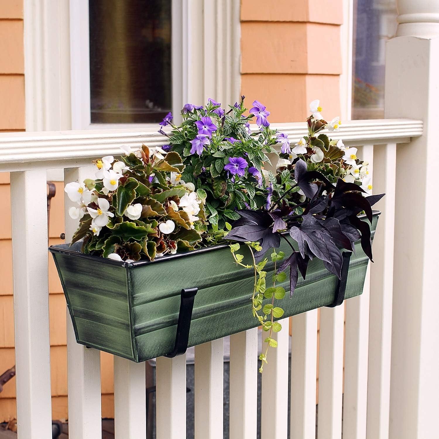 Small Galvanized Metal Rectangular Planter Box with Wall Brackets Green Patina - ACHLA Designs: Wrought Iron, Powder Coated, 8"H x 22"W