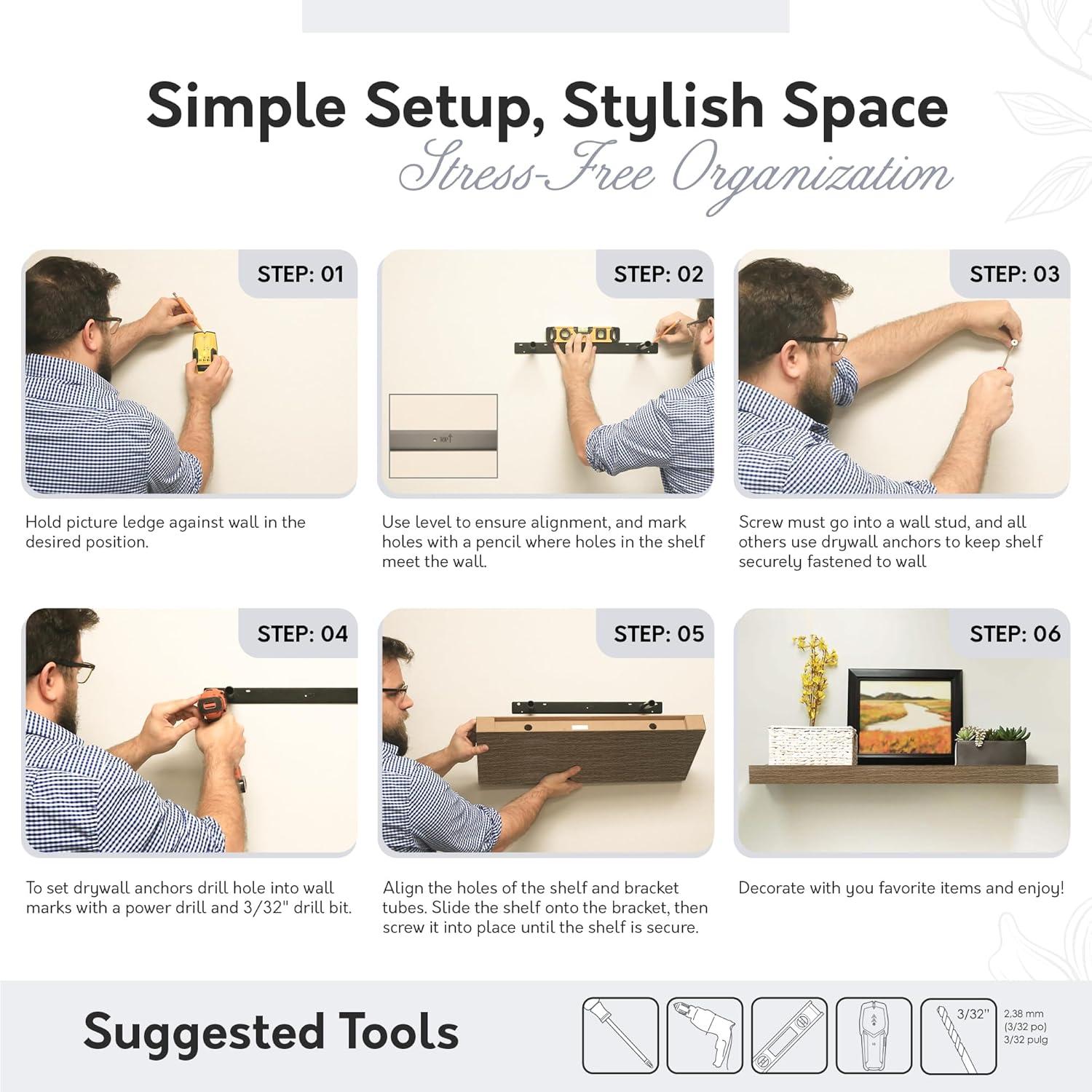 InPlace 24" Floating Shelf Wall Mounted Hidden Brackets Rustic Wood: Modern Design, MDF, Smooth Finish, Includes Mounting Hardware