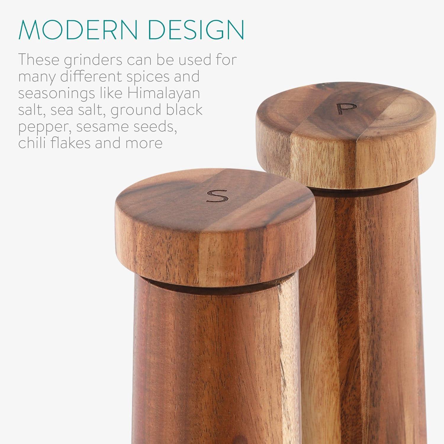 Navaris Salt and Pepper Mill Set - Adjustable Acacia Wood Salt and Pepper Grinders Shakers with Ceramic Grinding Core for Home, Restaurants - Design 1