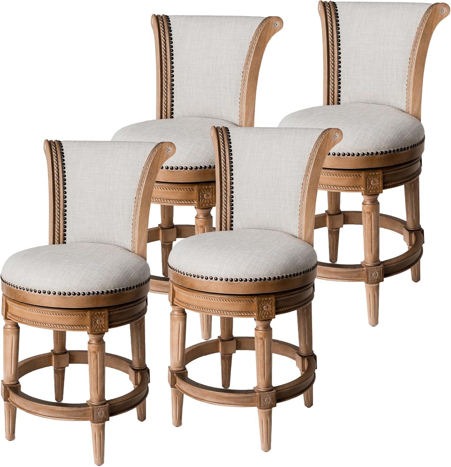 Maven Lane Pullman 26 Inch Tall Counter Height Upholstered Barstool with Back in Weathered Oak Finish with Sand Color Fabric Cushion Seat, Set of 4