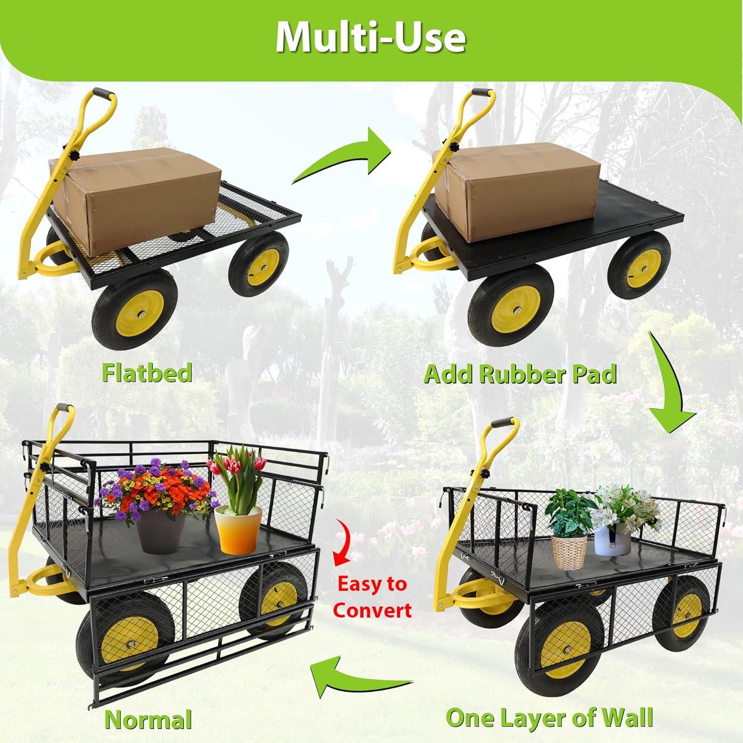 Steel Garden Cart, Heavy Duty 1400 lbs Capacity, with Removable Mesh Sides to Convert into Flatbed, Utility Metal Wagon with 2-in-1 Handle and 16 in Tires, Perfect for Garden, Farm, Yard