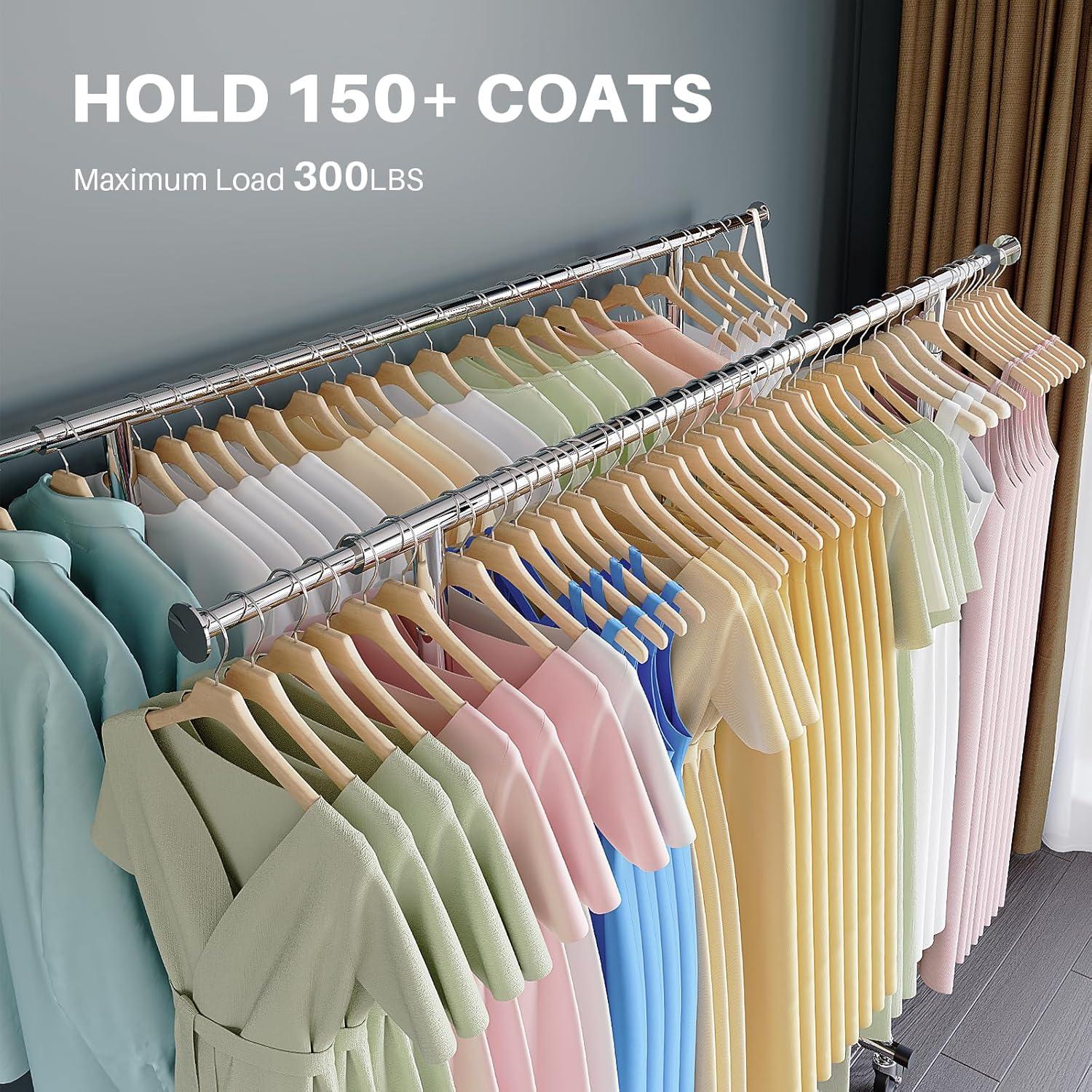 HOKEEPER Double Clothing Garment Rack with Shelves Capacity 600 lbs Clothing Racks on Wheels Rolling Clothes Rack for Hanging Clothes Heavy Duty Portable Collapsible Commercial Garment Rack Chrome