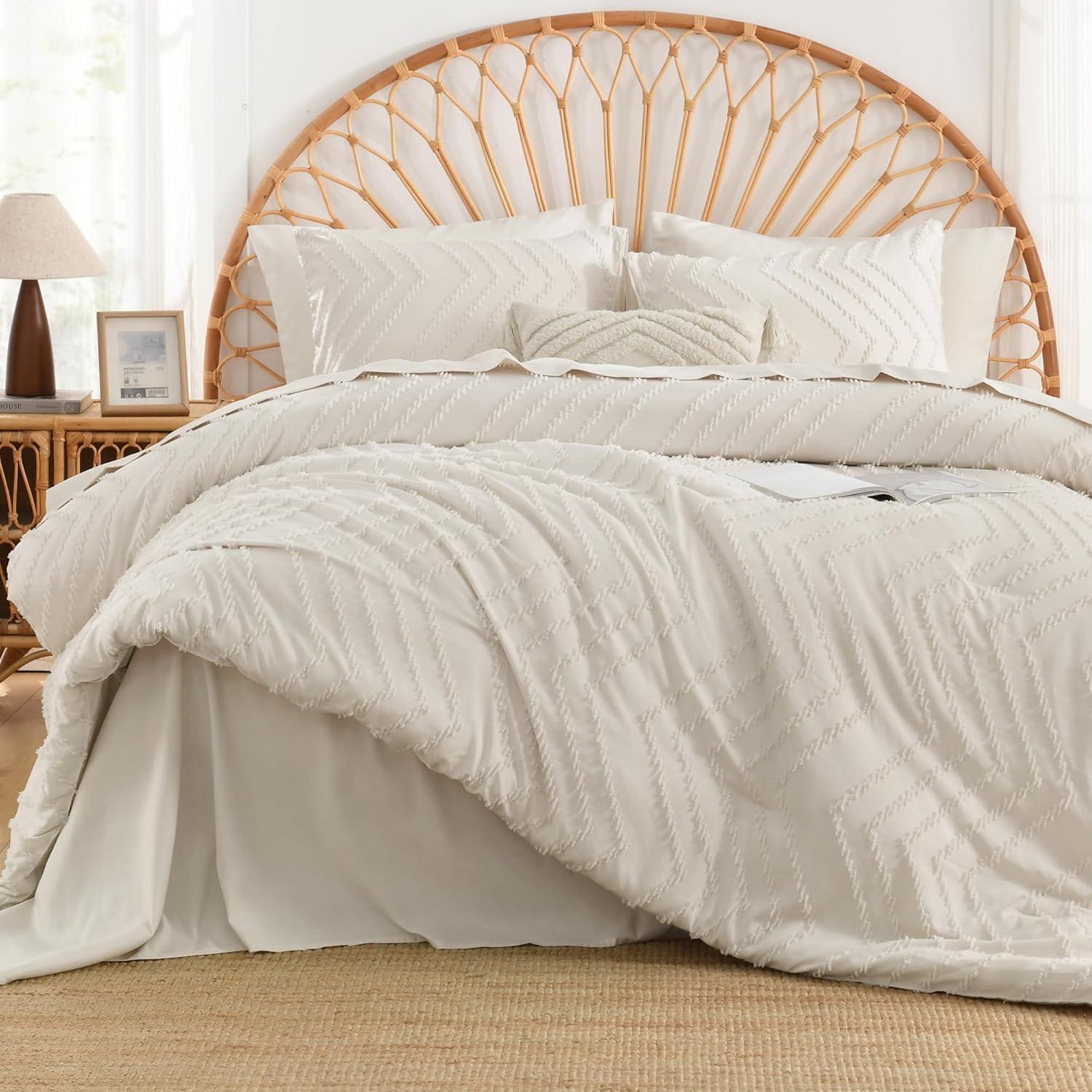 Beige Tufted Boho Queen Comforter Set with Pom Pom Accents