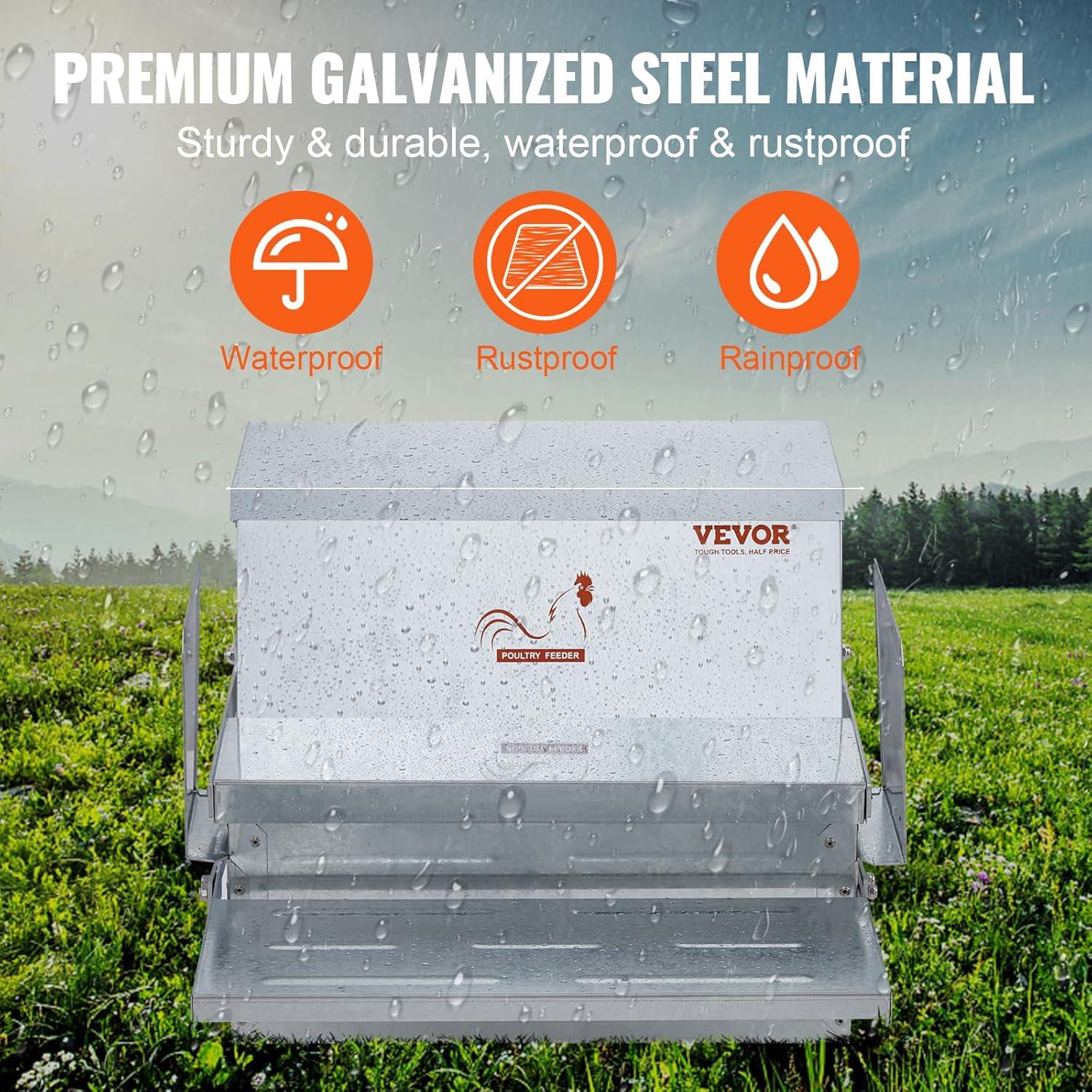 VEVOR Poultry Feeder, 25lbs Capacity, Feed Chicken Feeder with Lid & Lock, Outdoor Coop Food Dispenser, No Waste, Weatherproof Galvanized Metal Feeder for Ducks, Geese