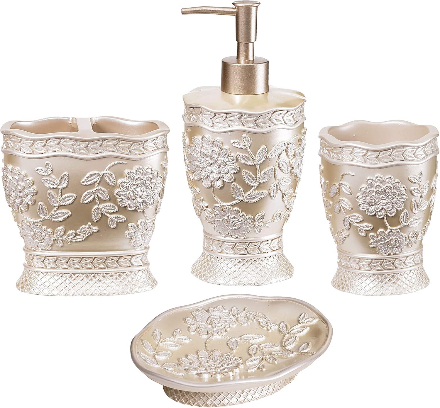 Zahari Home 4pc Rose Vine Bathroom Accessories Sets Lotion Pump, Tumbler, Tooth Brush Holder and Soap Dish Unique Design Beige Bathroom Set