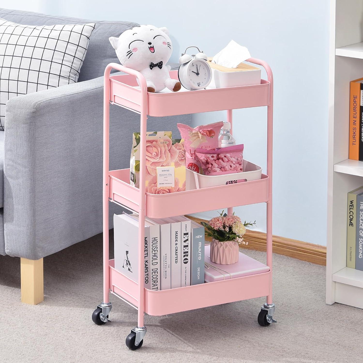 Pink 3-Tier Rolling Utility Cart with Alloy Steel Frame