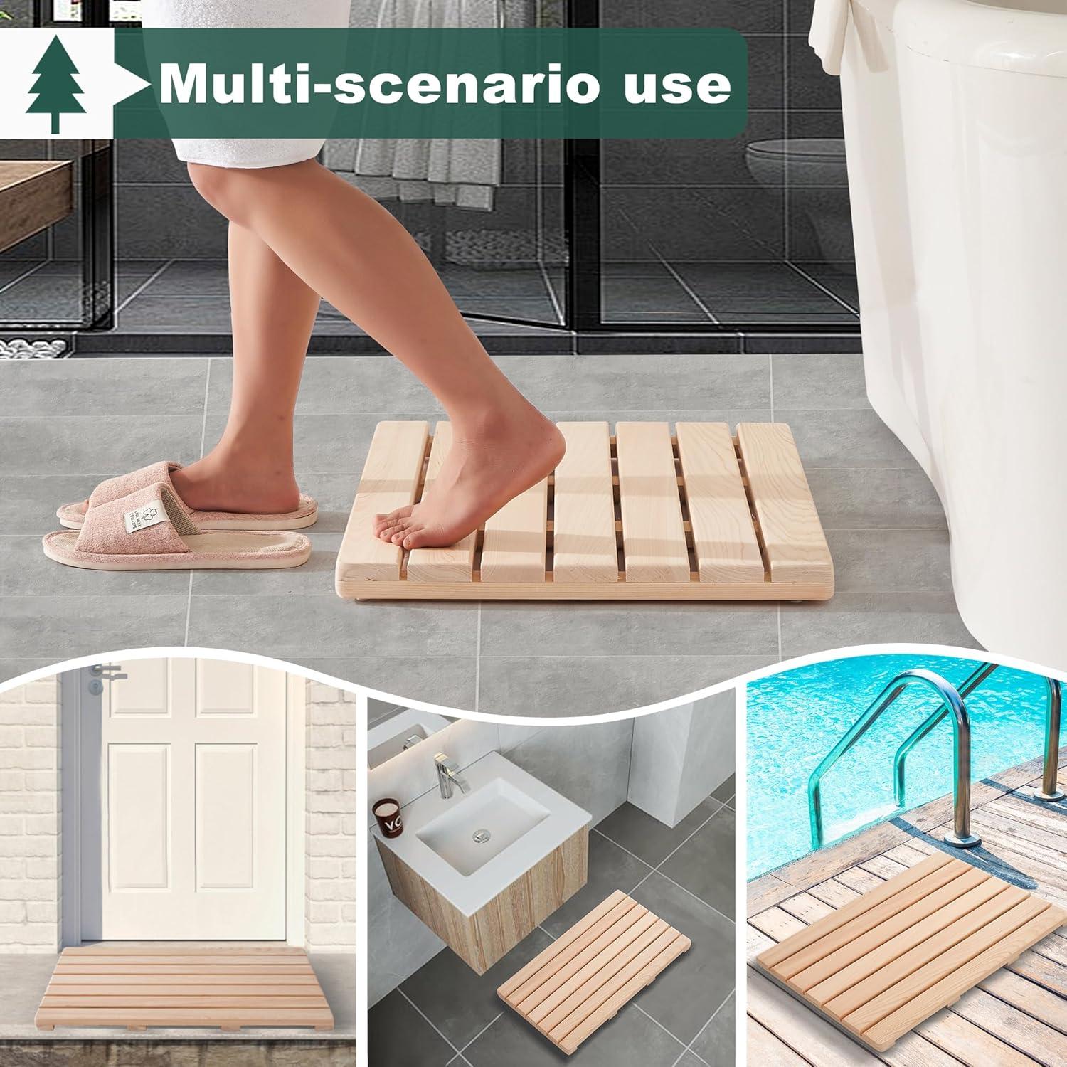 bingaai Hinoki Wood Shower and Bath Mat 25×18.9 in, Natural Japanese Hinoki Wooden Bath Mat, Non-Slip Bathroom Mat Wood for Indoor Outdoor Shower, Wooden Floor Mat for Spa Sauna Camping