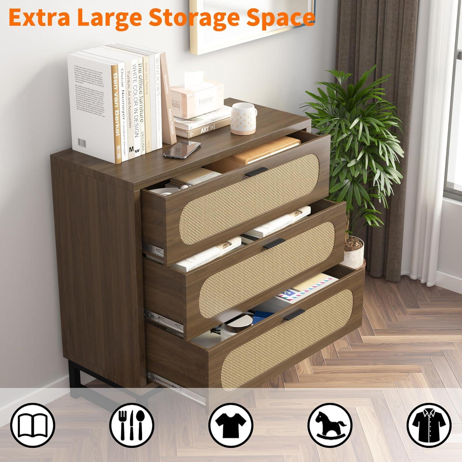 3 Drawer Dresser for Bedroom, Wide Modern Wooden Chest of Drawers, Accent Storage Cabinet Modern Bedside Table Golden Handles for Living Room, Entryway (Walnut Oak)